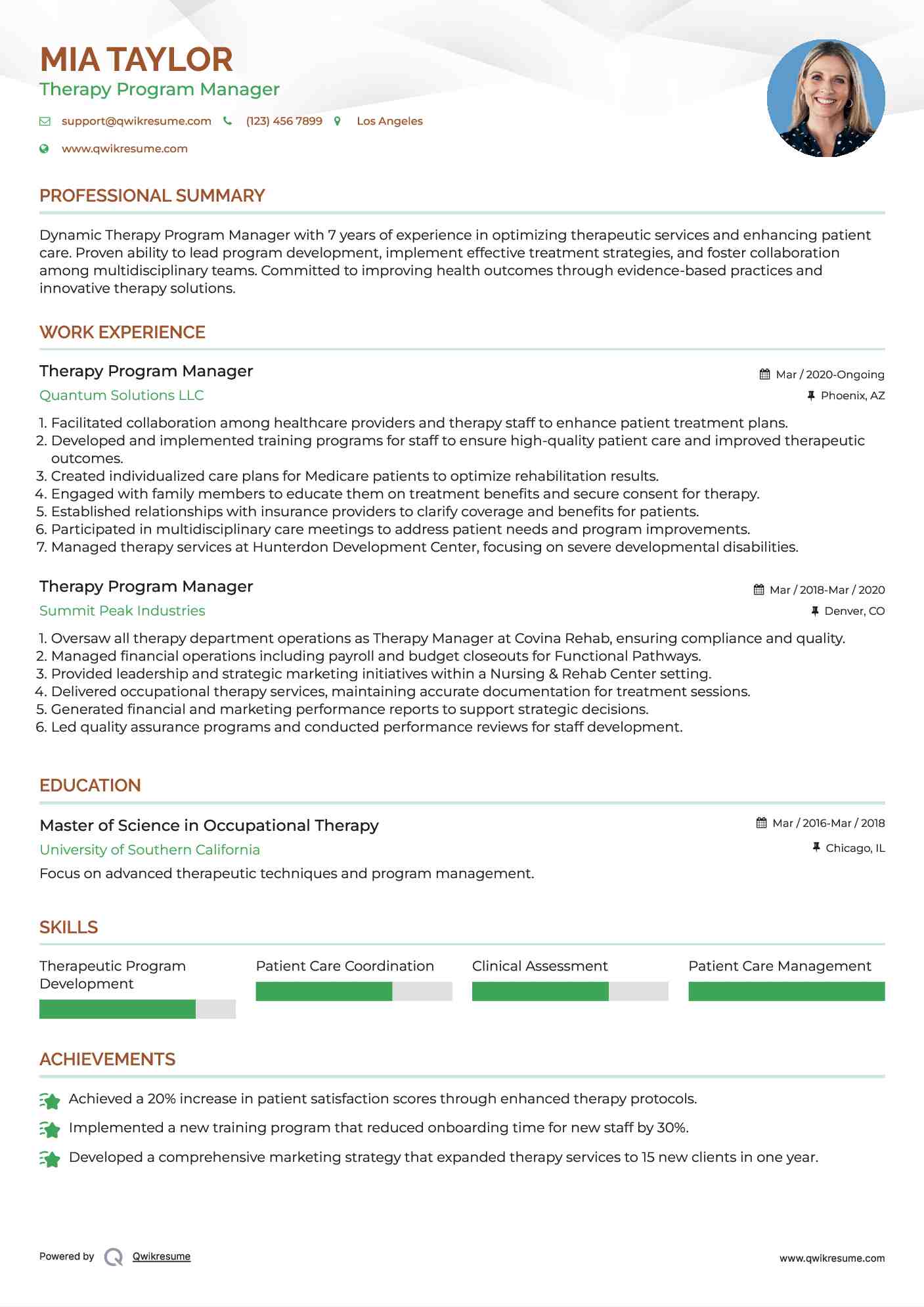 Therapy Program Manager Resume Model