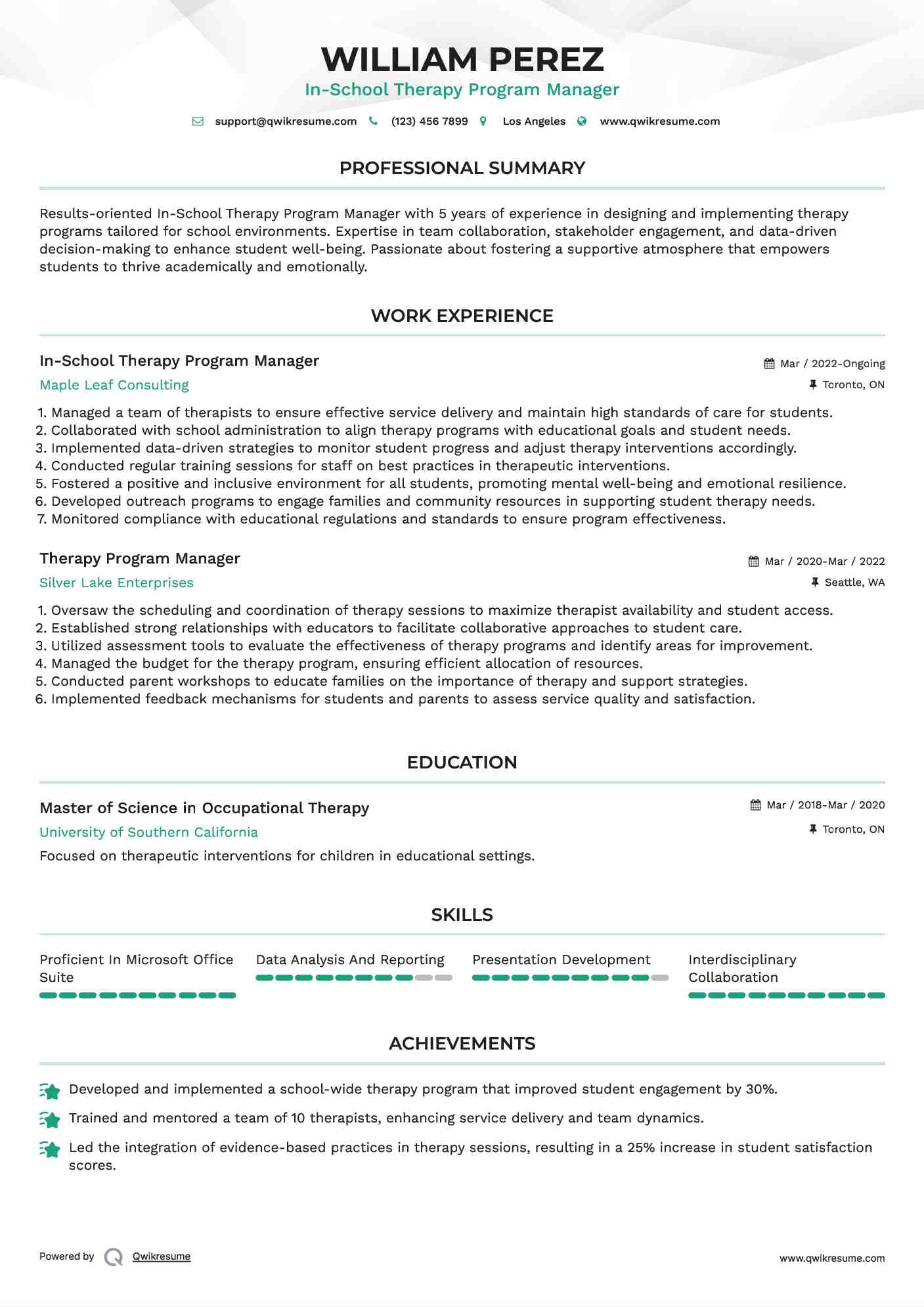 In-School Therapy Program Manager Resume Sample