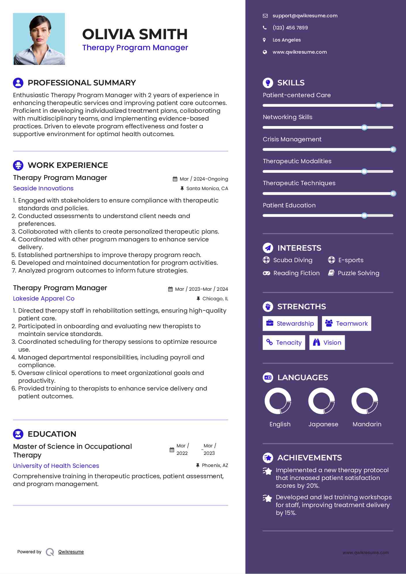 Therapy Program Manager Resume Format
