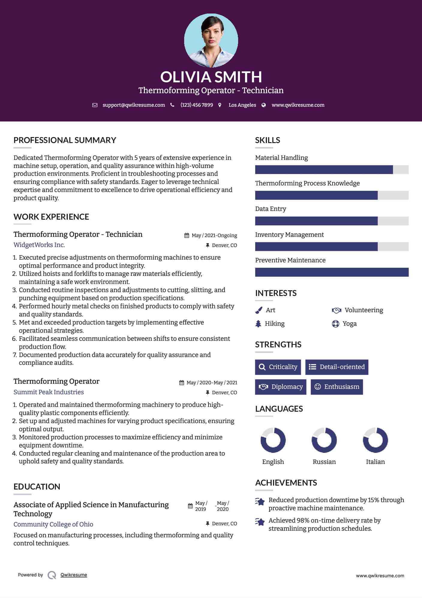 Thermoforming Operator - Technician Resume Model