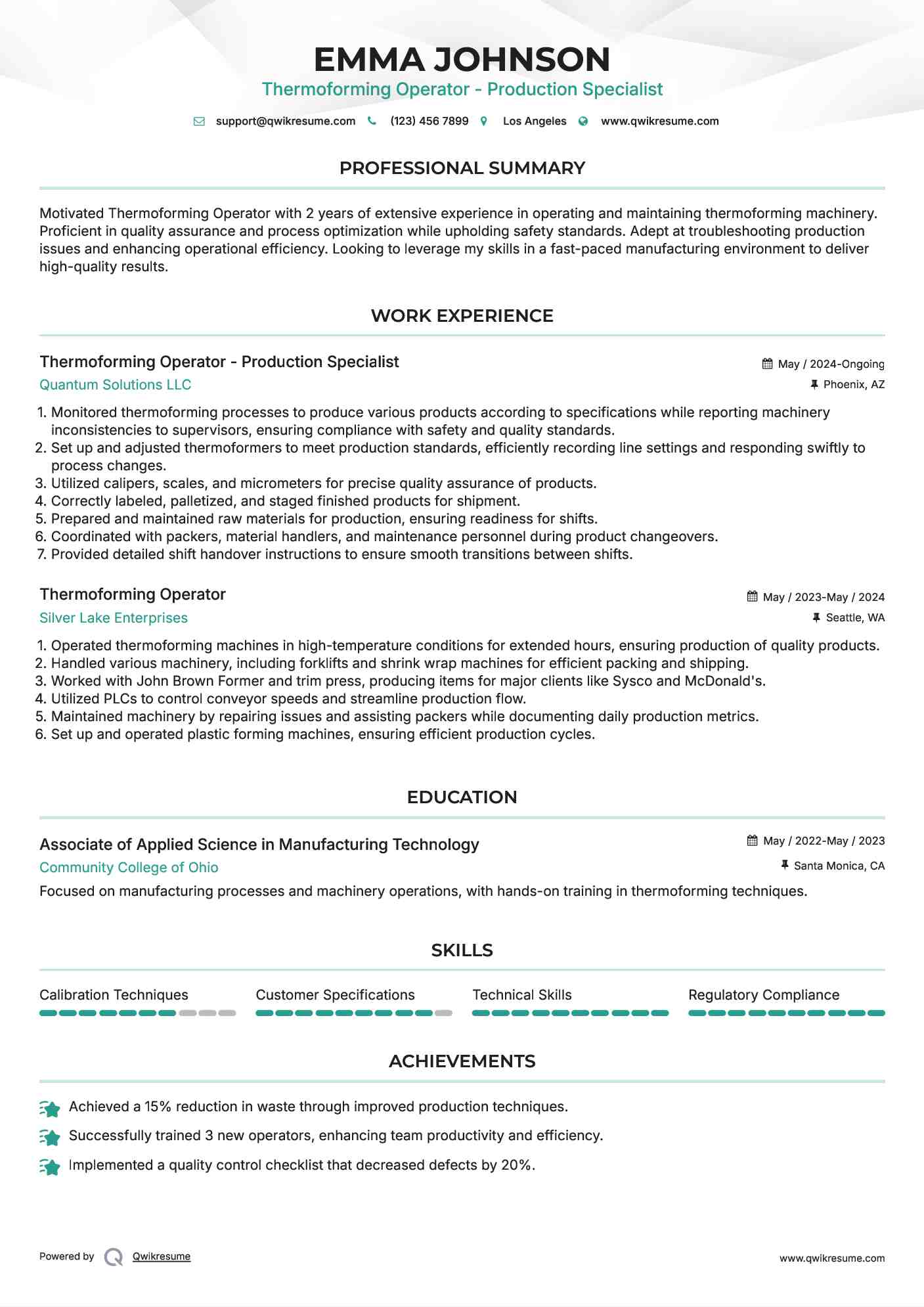 Thermoforming Operator - Production Specialist Resume Example
