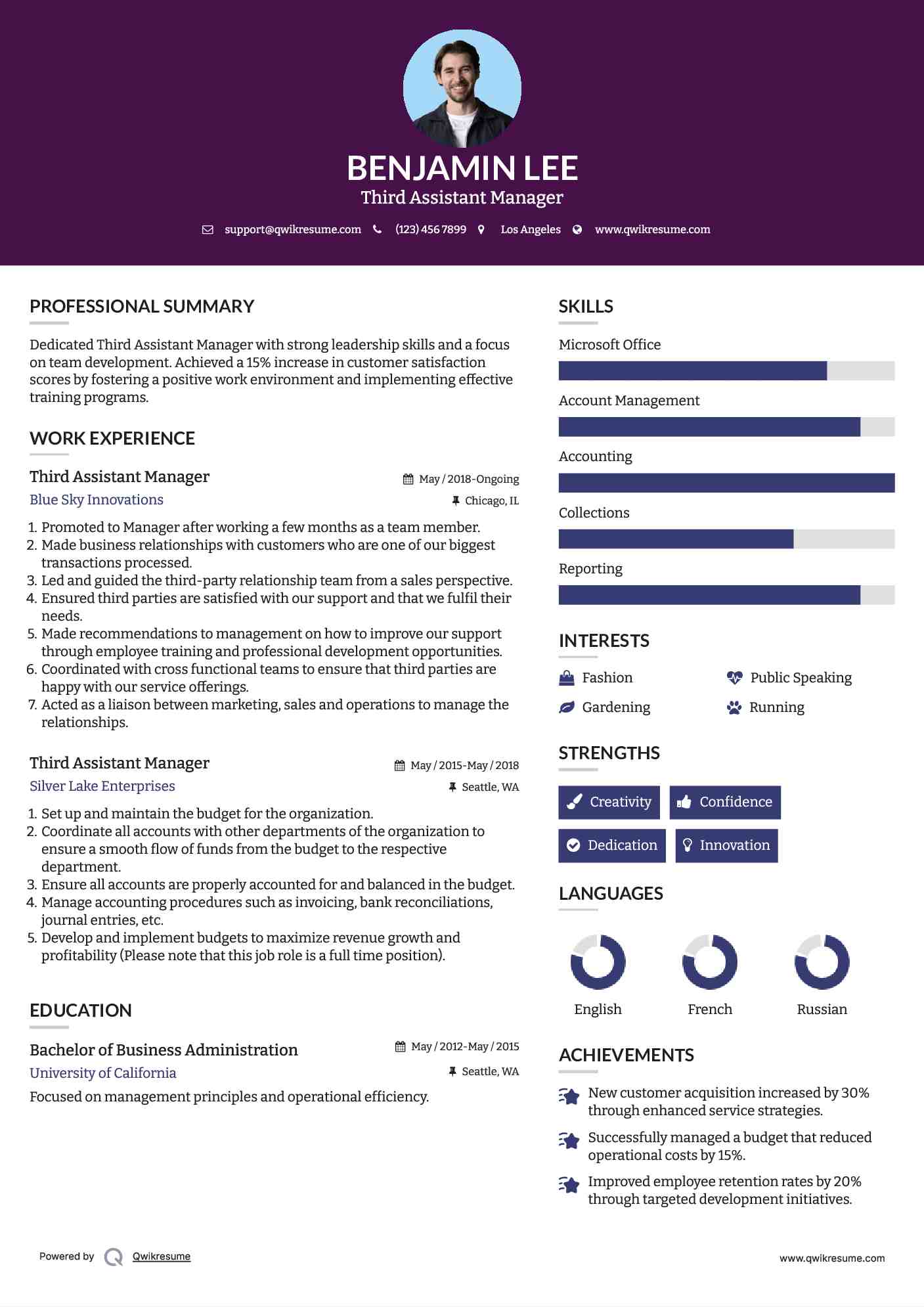 Third Assistant Manager Resume Example