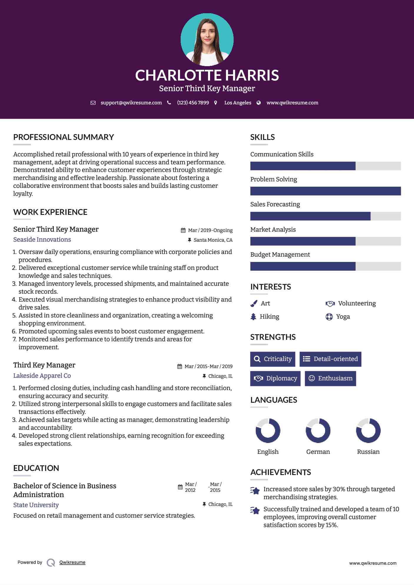 Senior Third Key Manager Resume Sample