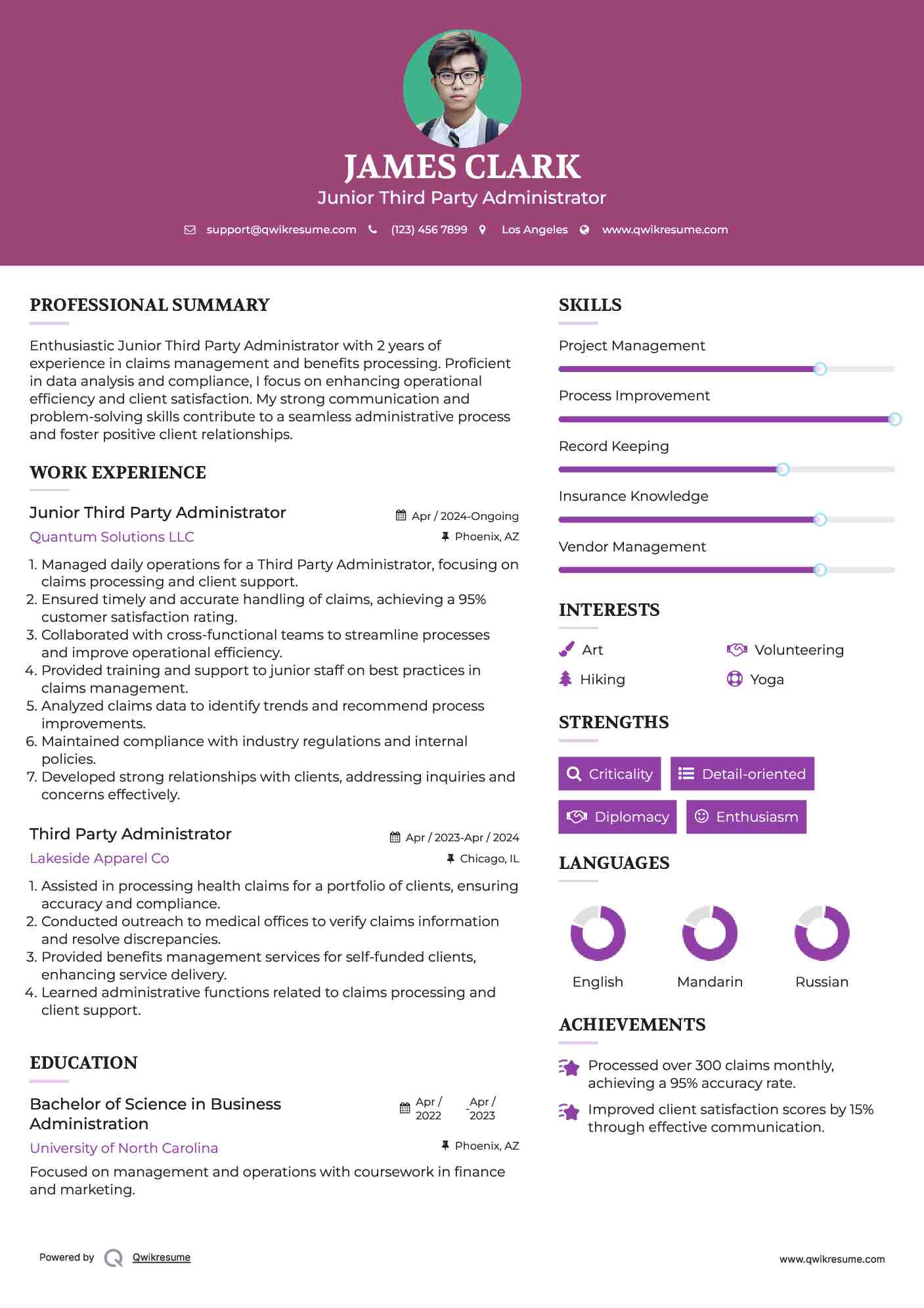 Junior Third Party Administrator Resume Sample