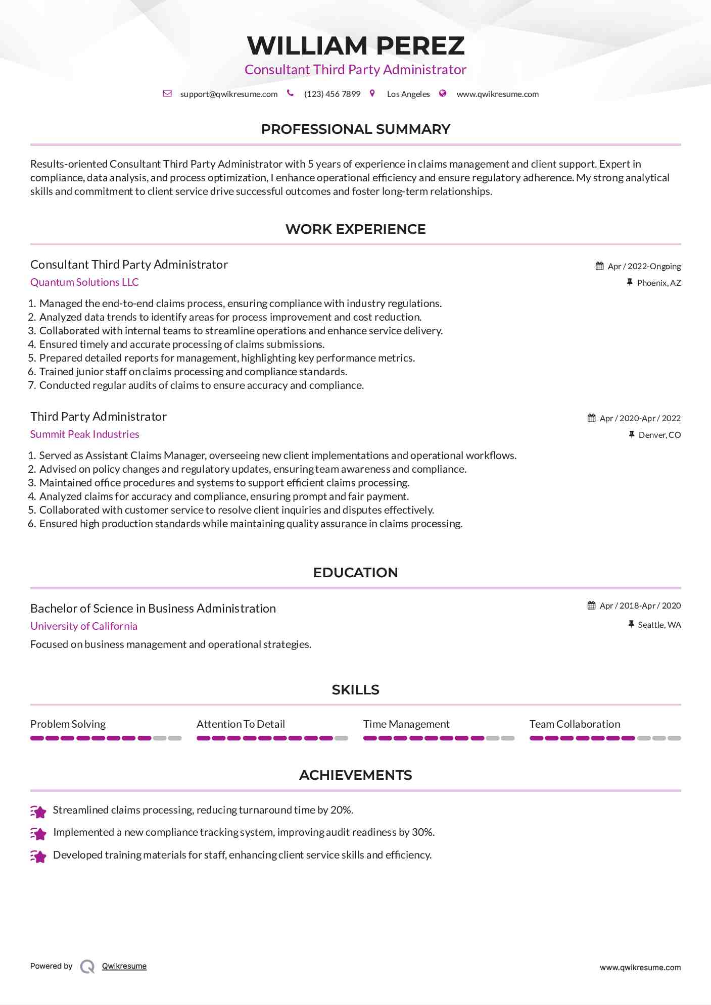 Consultant Third Party Administrator Resume Sample
