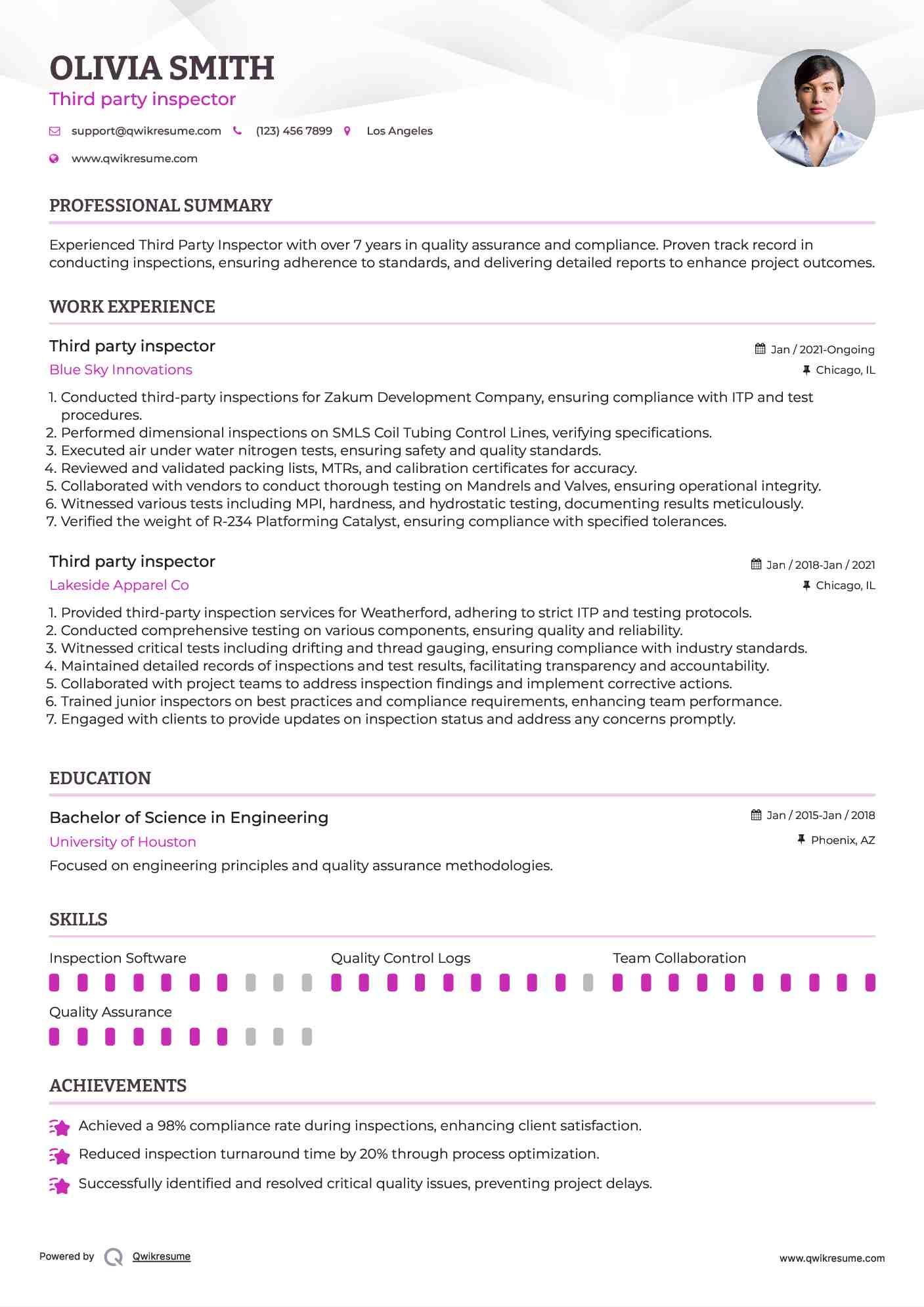 Third party inspector Resume Example