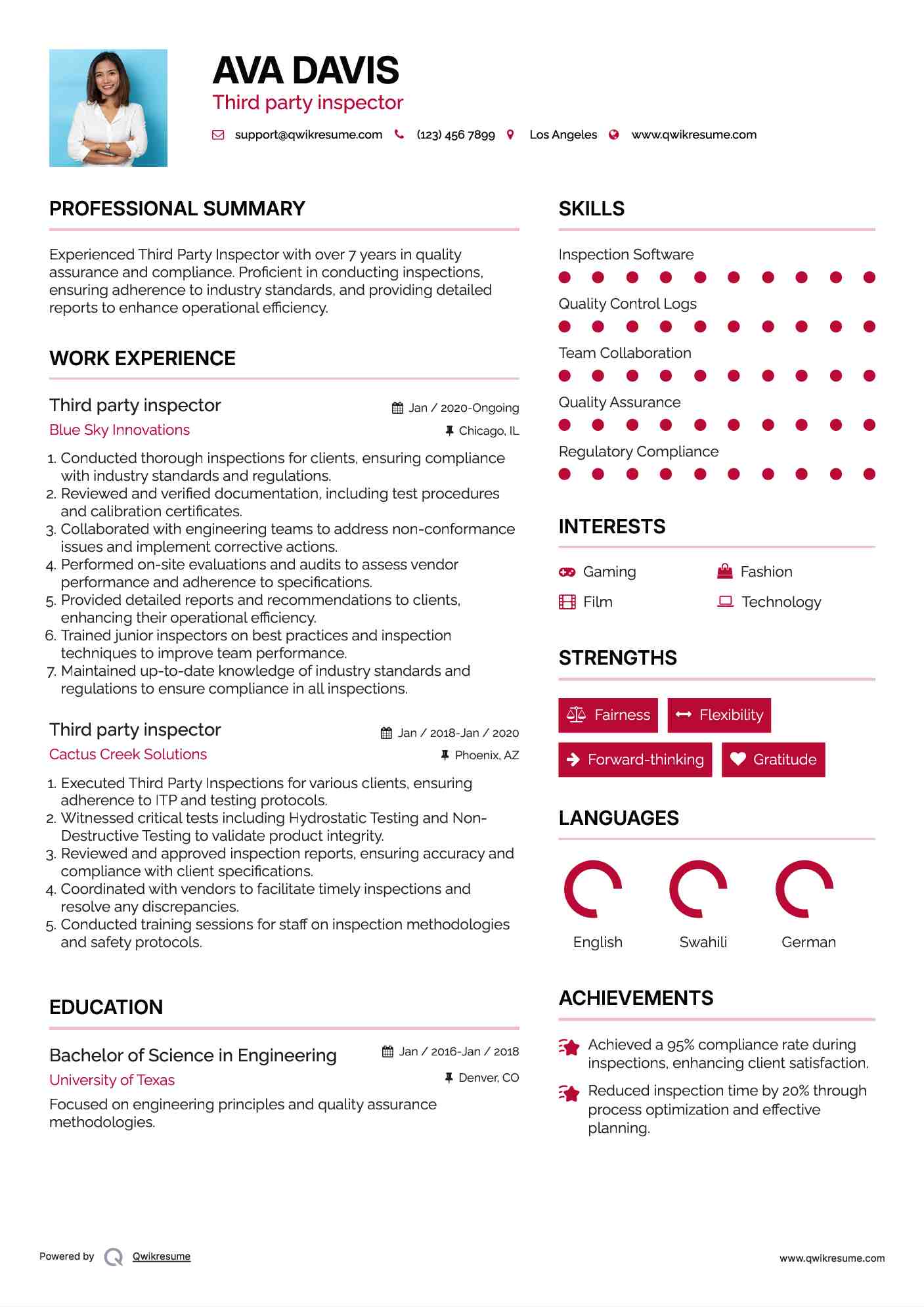 Third party inspector Resume Format