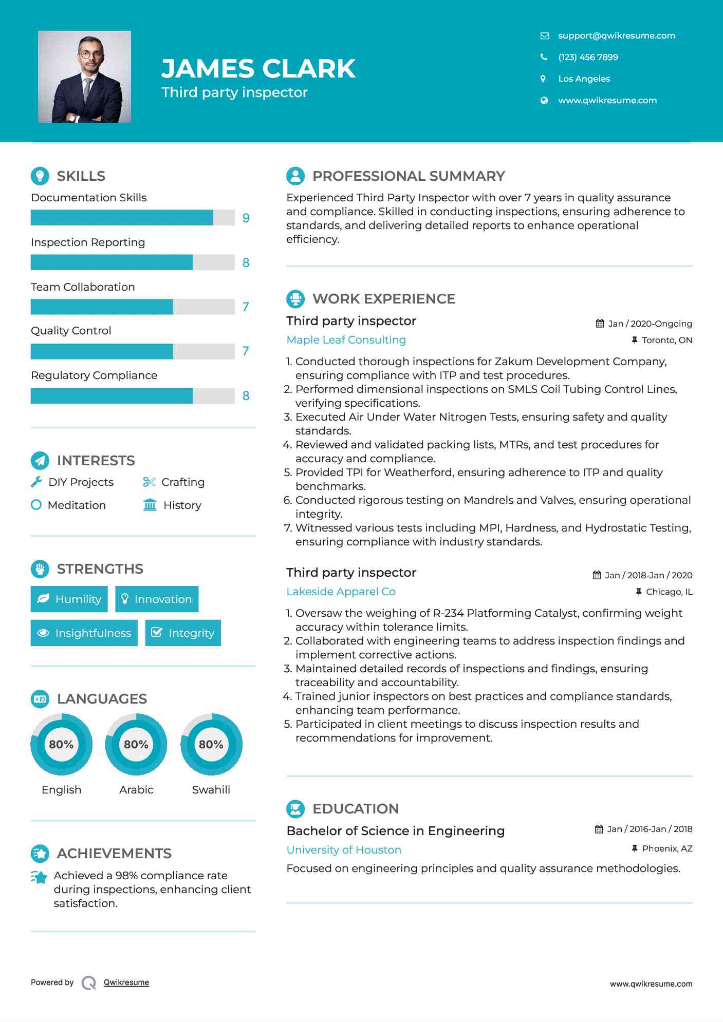 Third party inspector Resume Example
