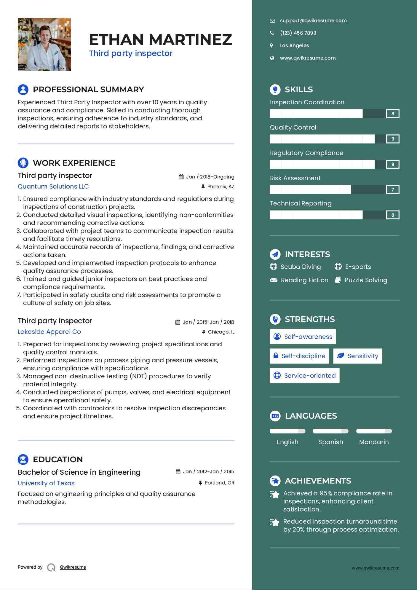 Third party inspector Resume Template