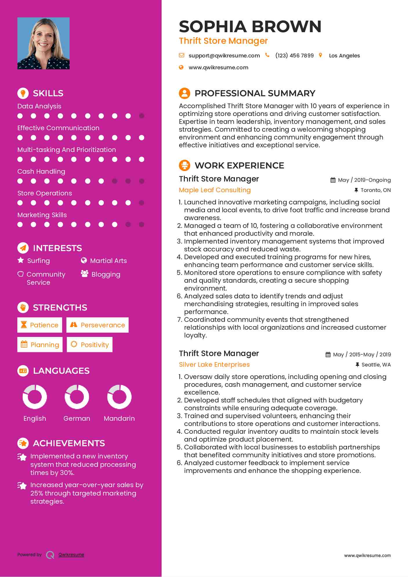 Thrift Store Manager Resume Example