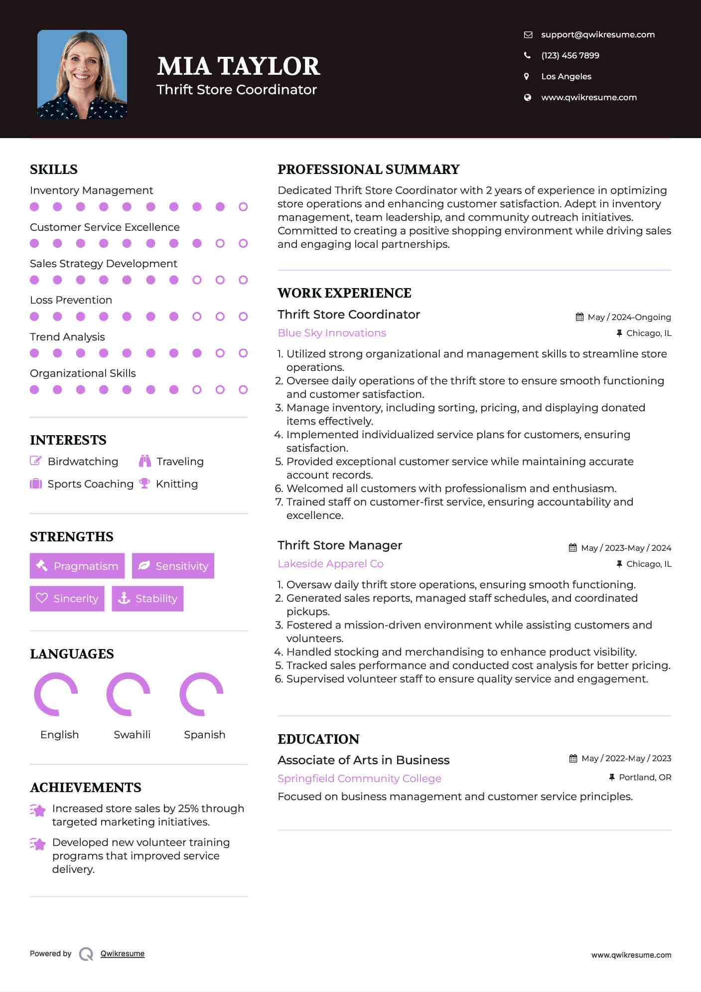 Thrift Store Coordinator Resume Example