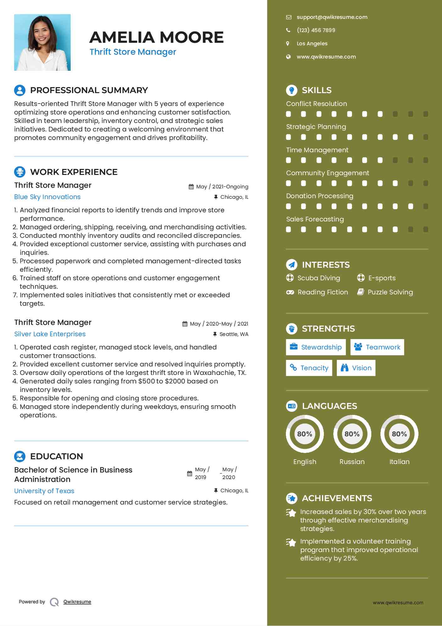 Thrift Store Manager Resume Format