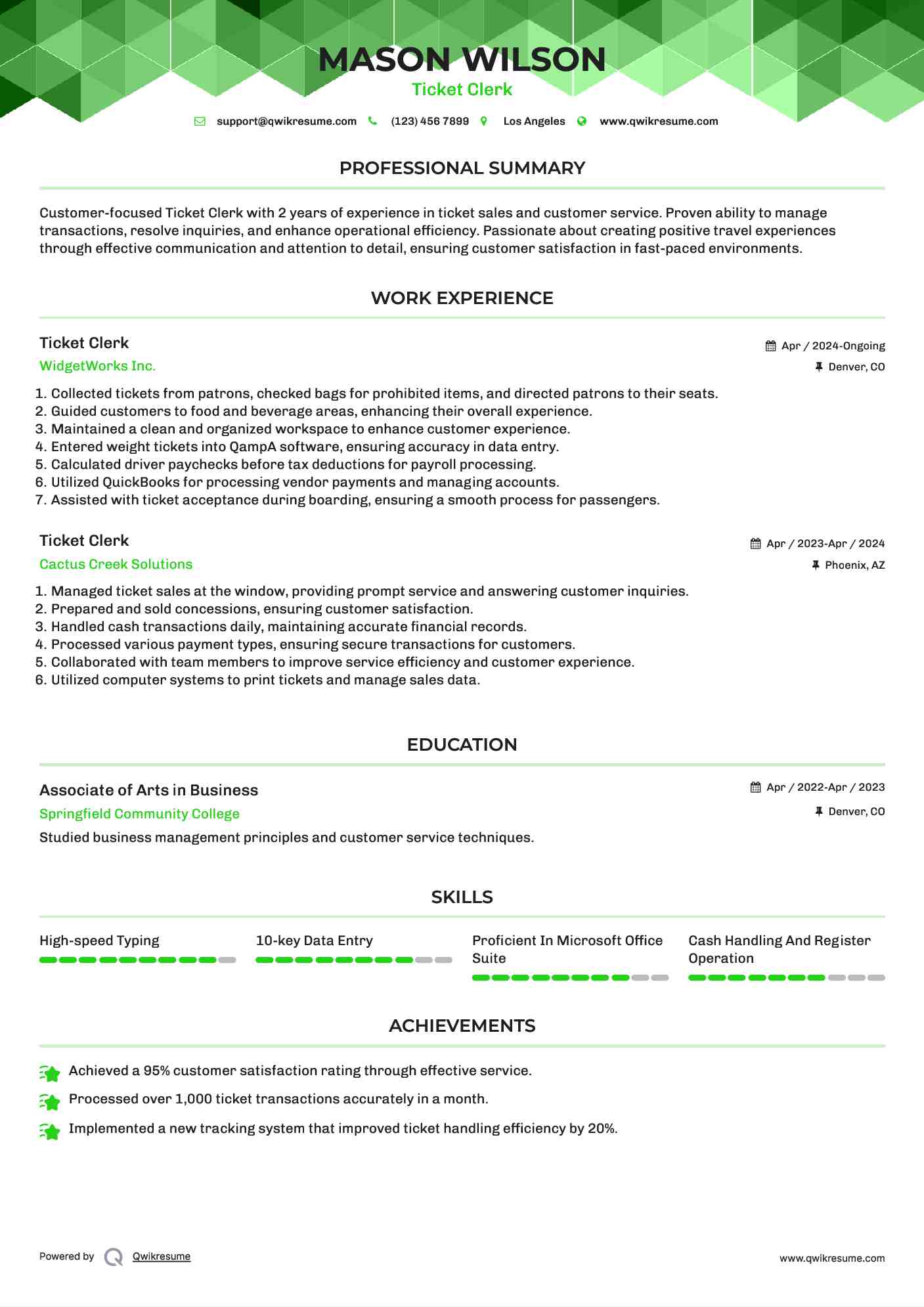 Ticket Clerk Resume Example