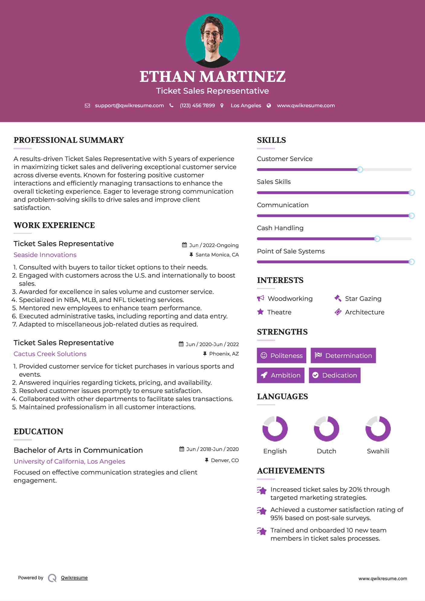 Ticket Sales Representative Resume Sample