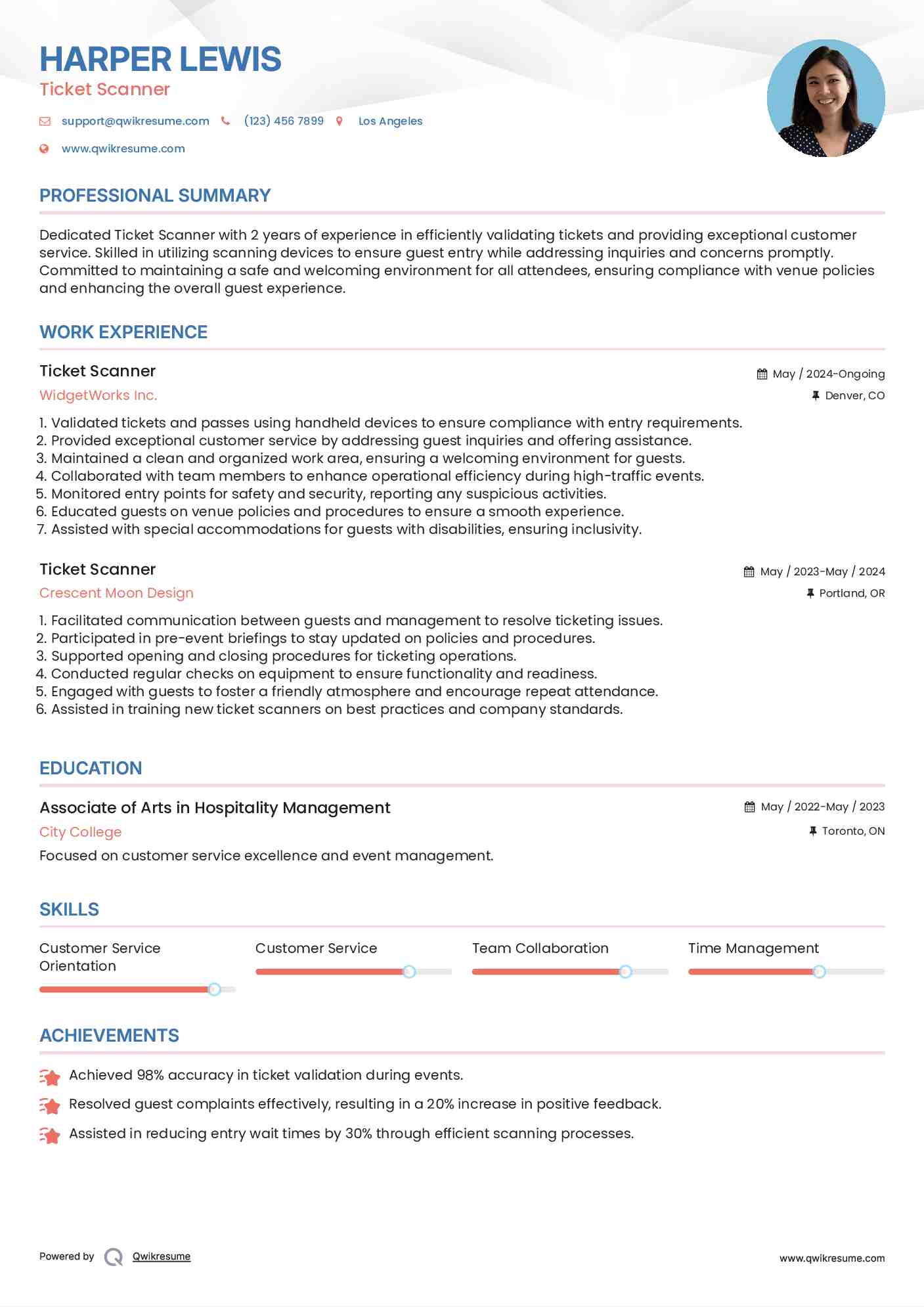 Ticket Scanner Resume Sample