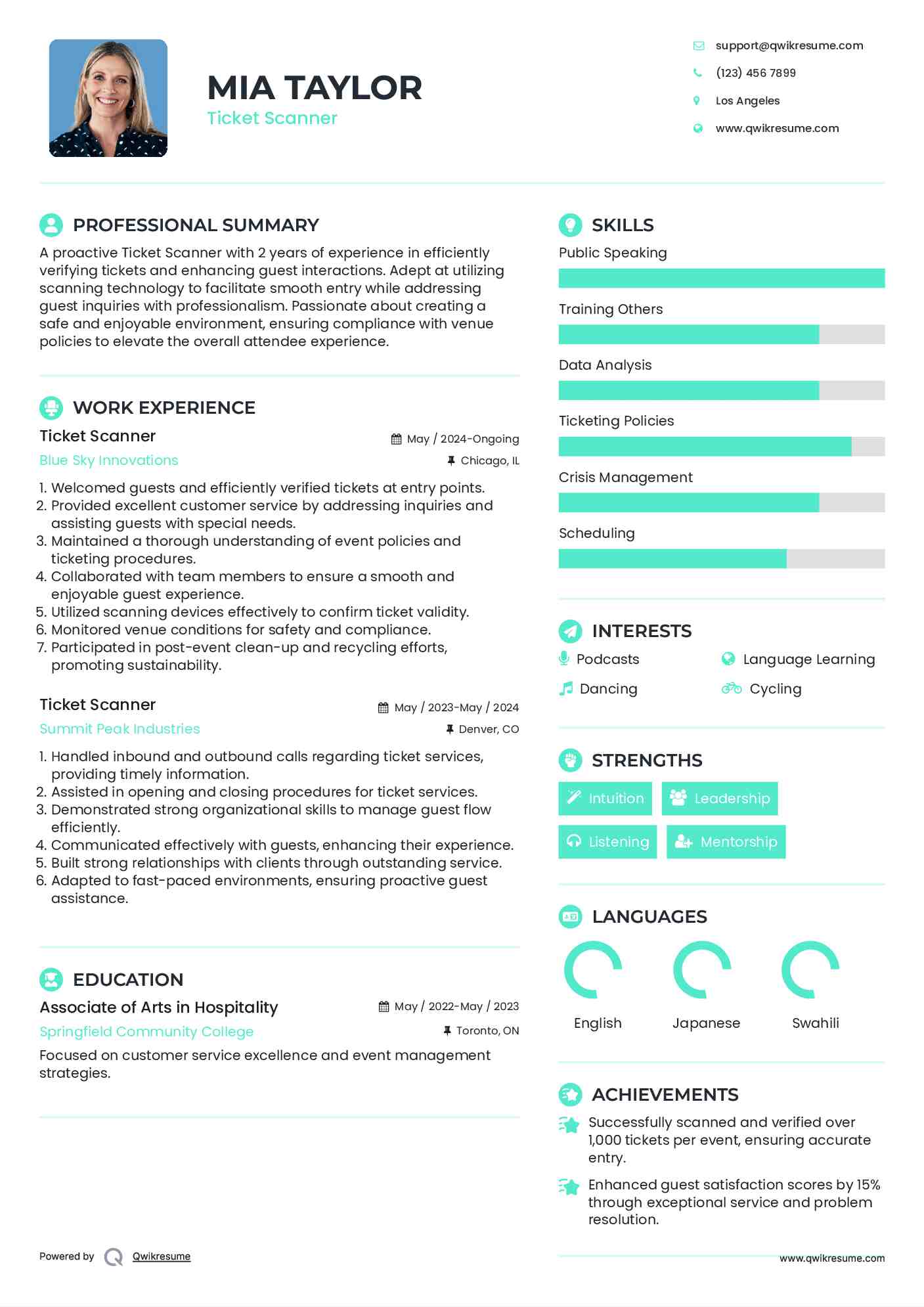 Ticket Scanner Resume Format