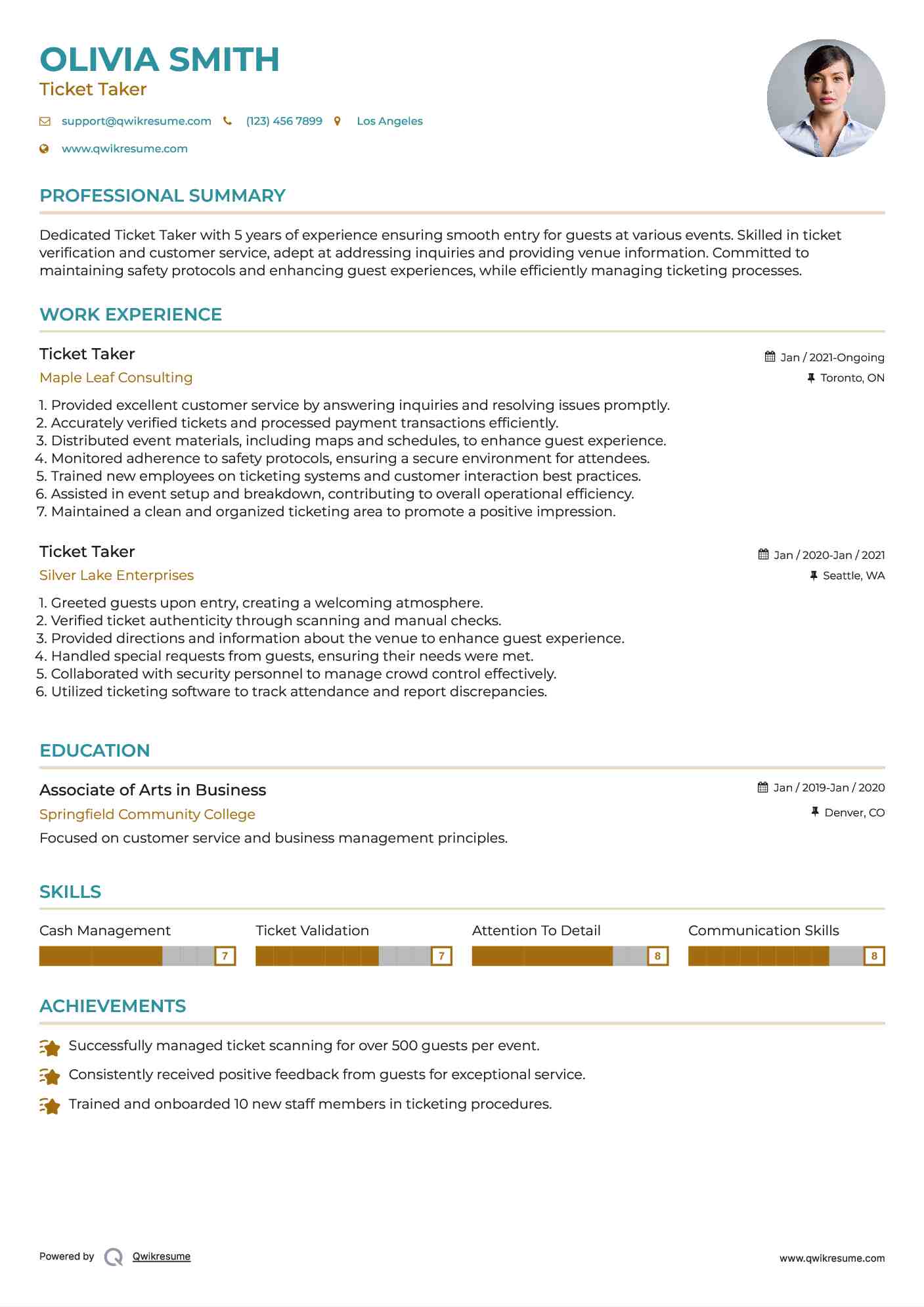 Ticket Taker Resume Example
