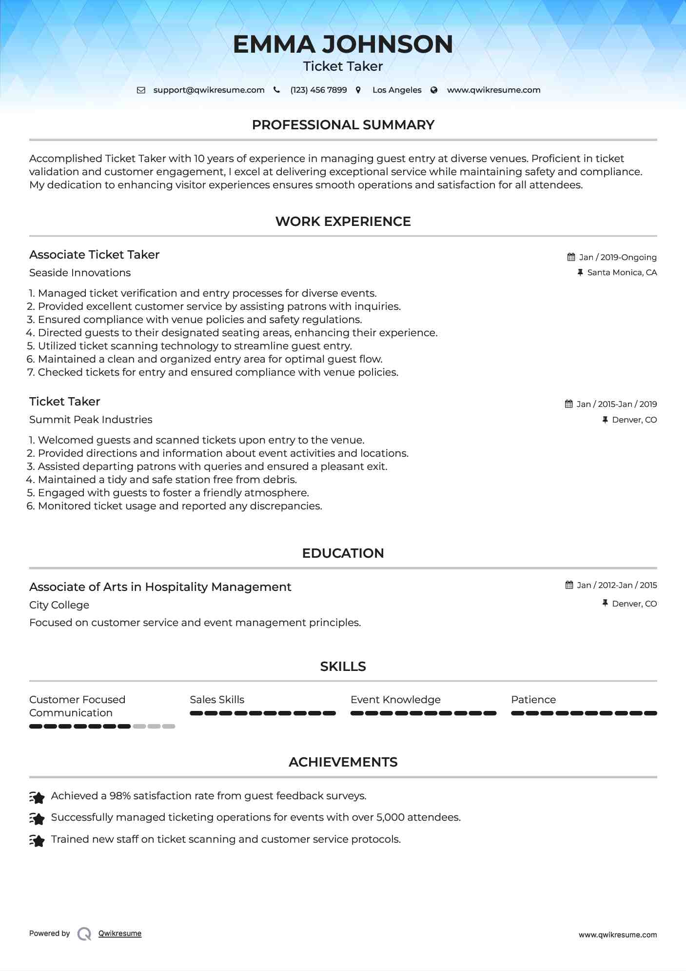 Associate Ticket Taker  Resume Example