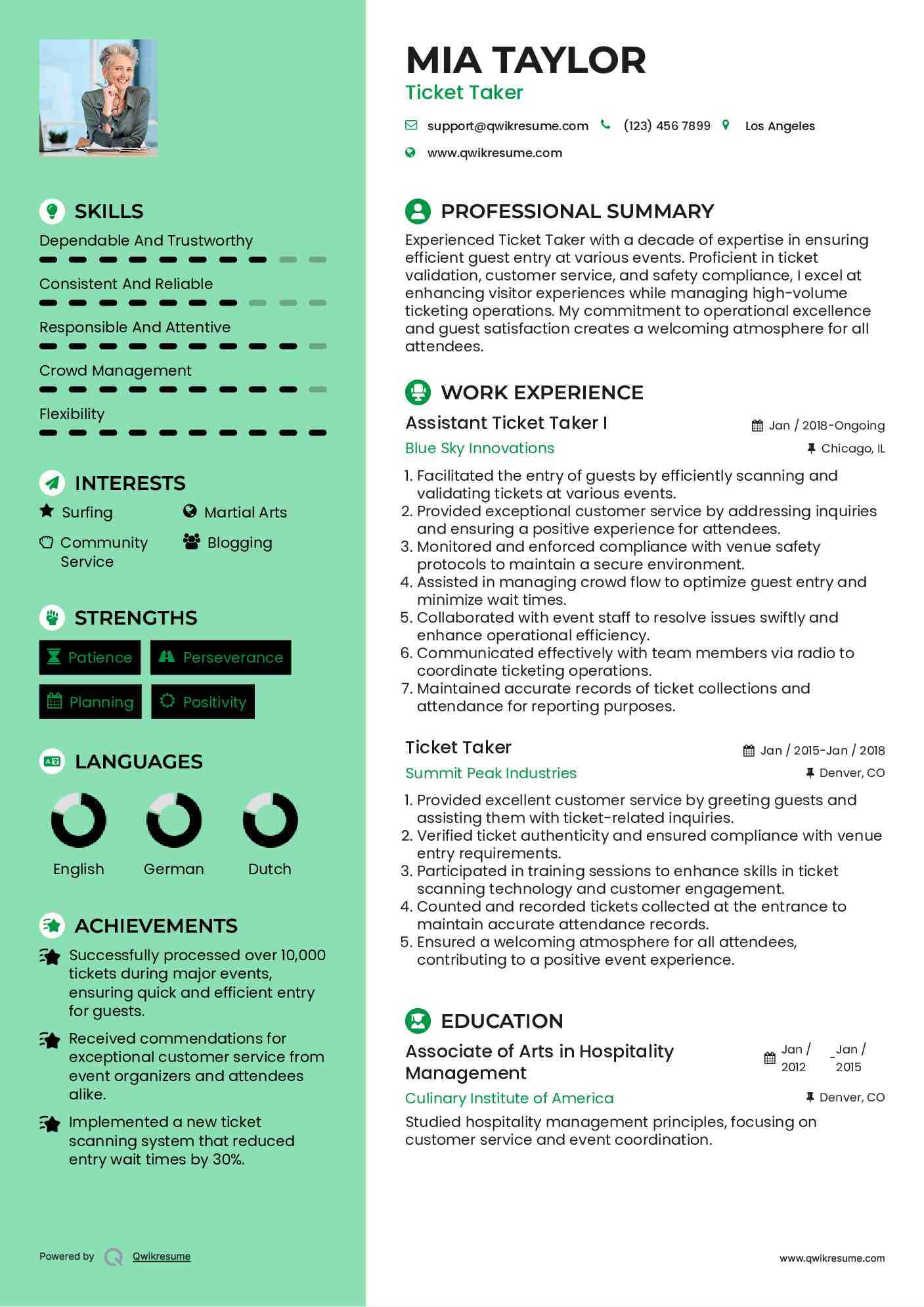 Assistant Ticket Taker I Resume Format