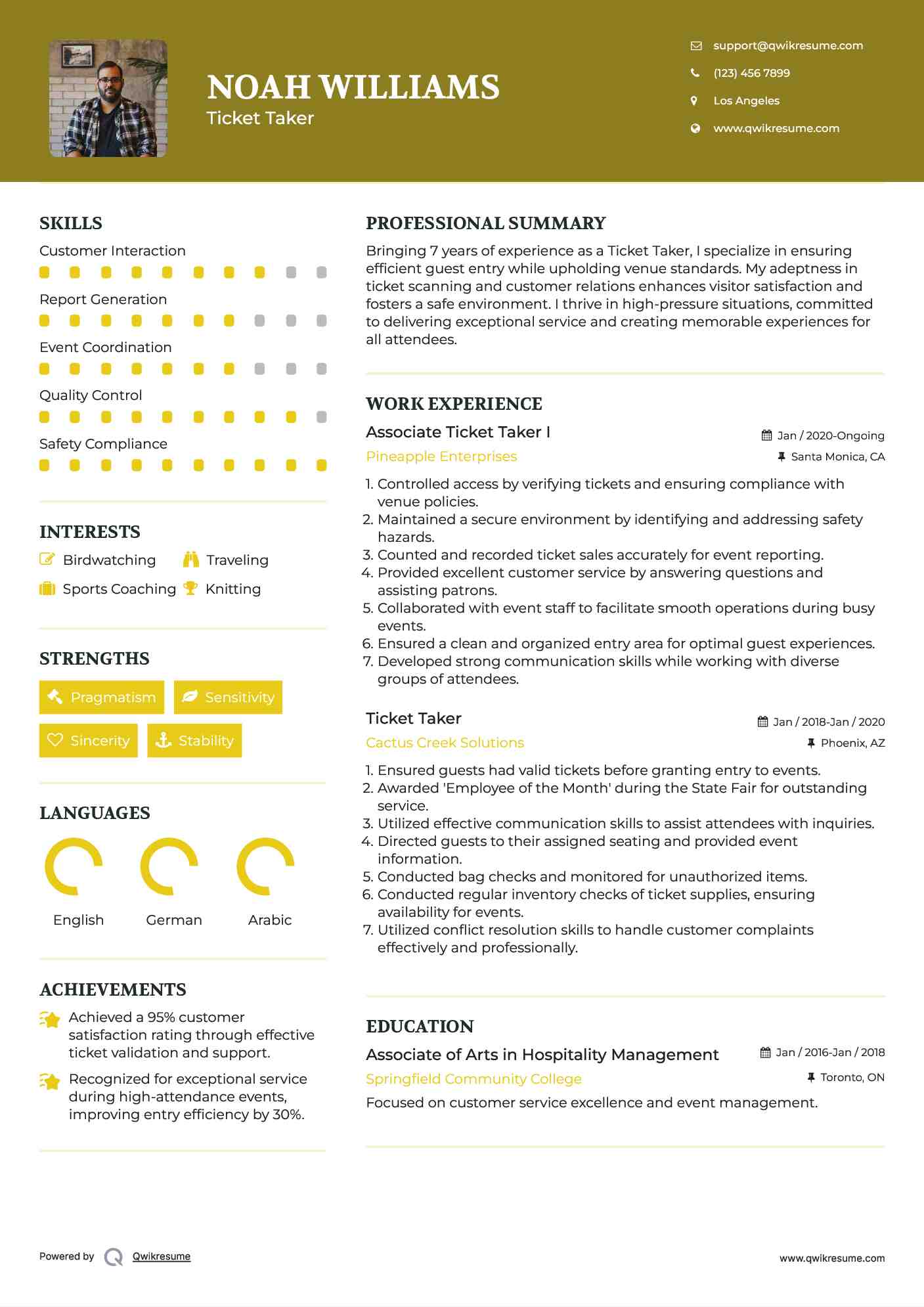 Associate Ticket Taker I Resume Example