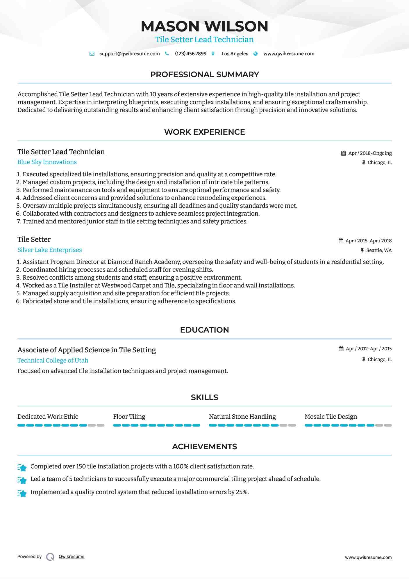 Tile Setter Lead Technician Resume Template