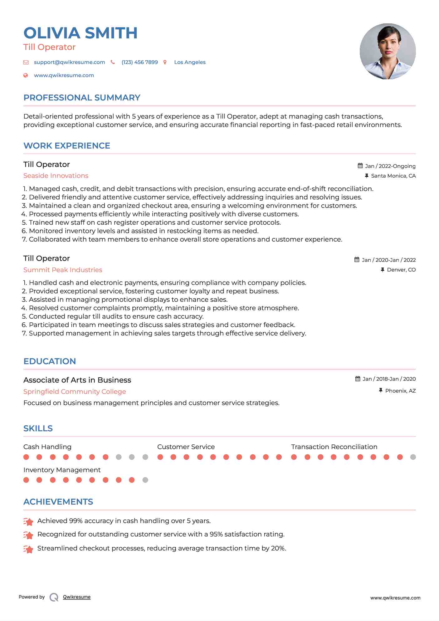 Till Operator Resume Template