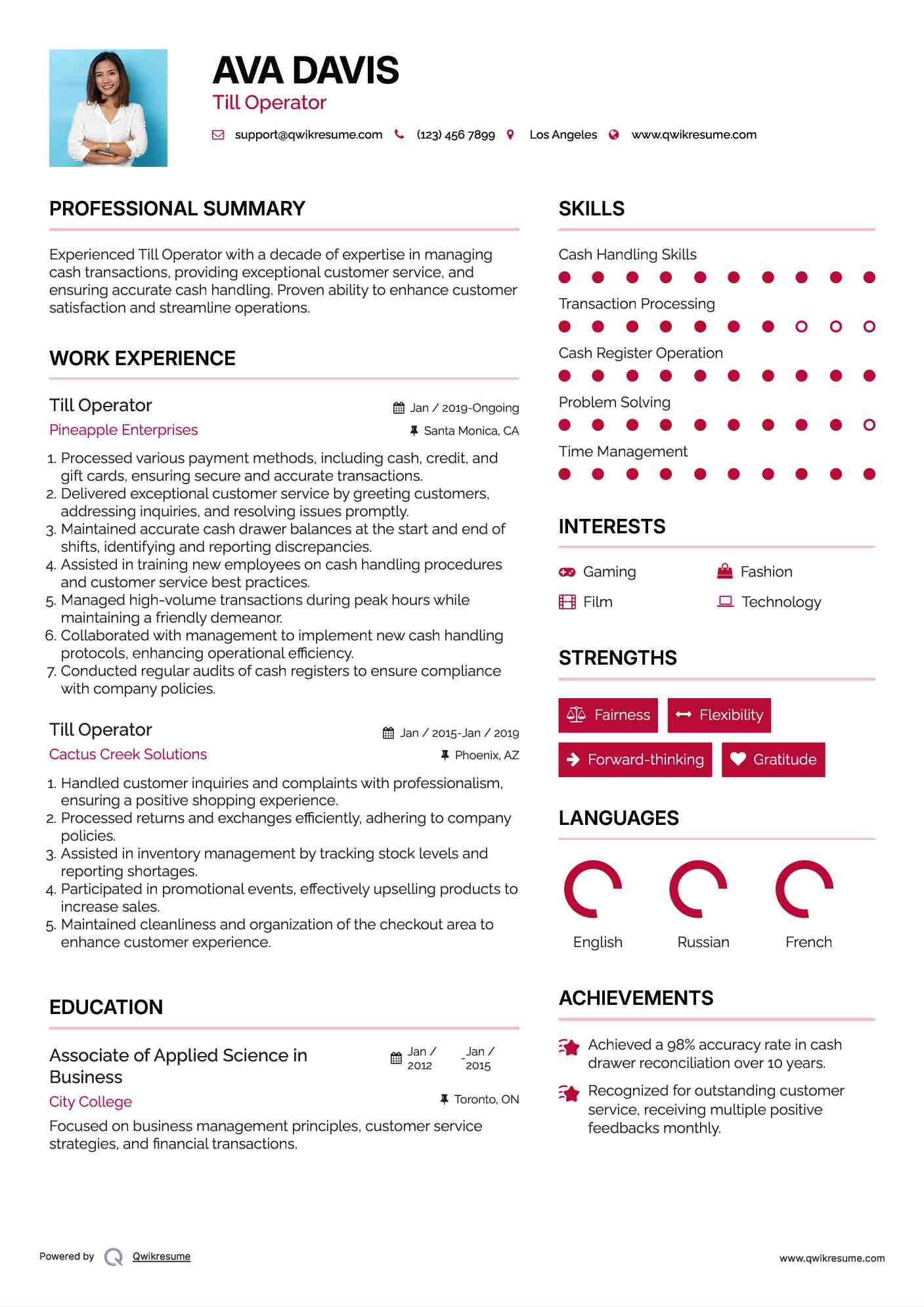 Till Operator Resume Sample