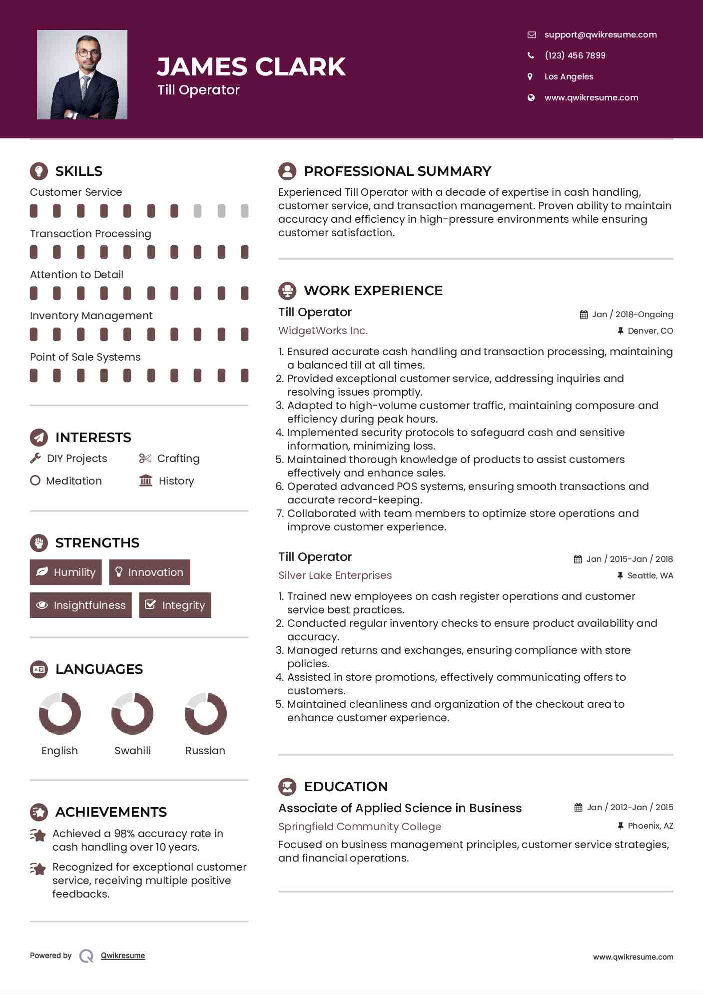 Till Operator Resume Template