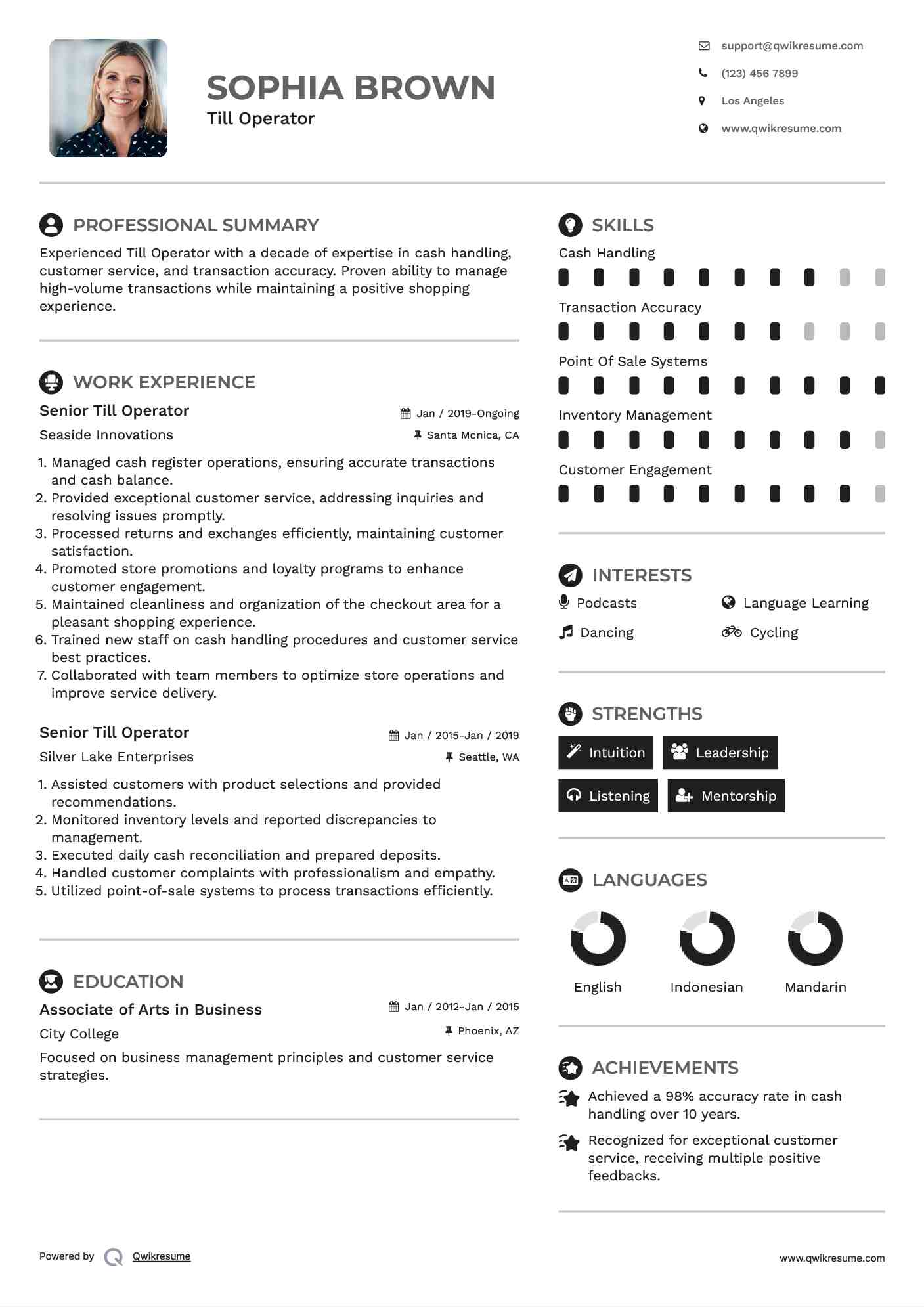 Senior Till Operator Resume Example