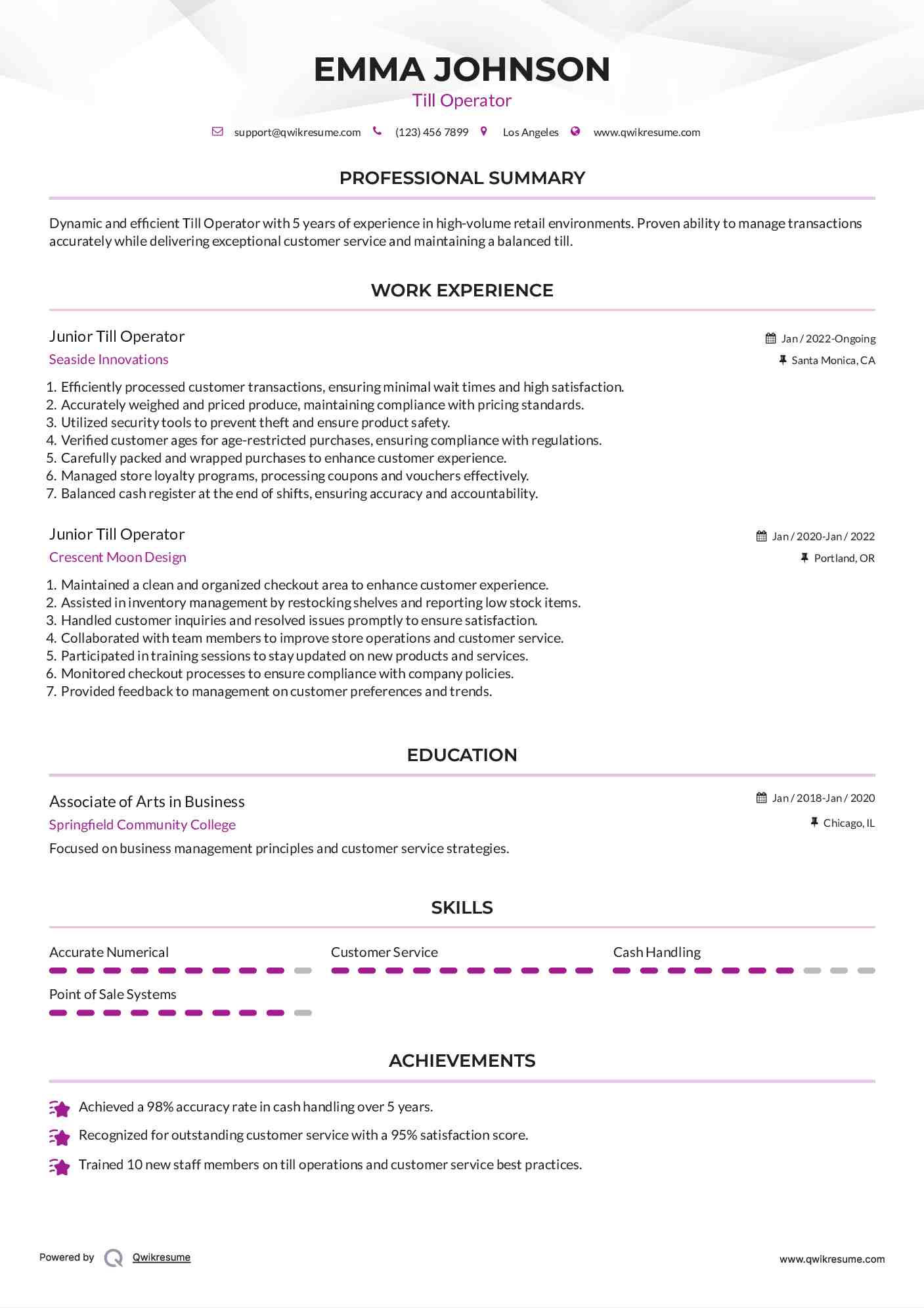 Junior Till Operator Resume Model