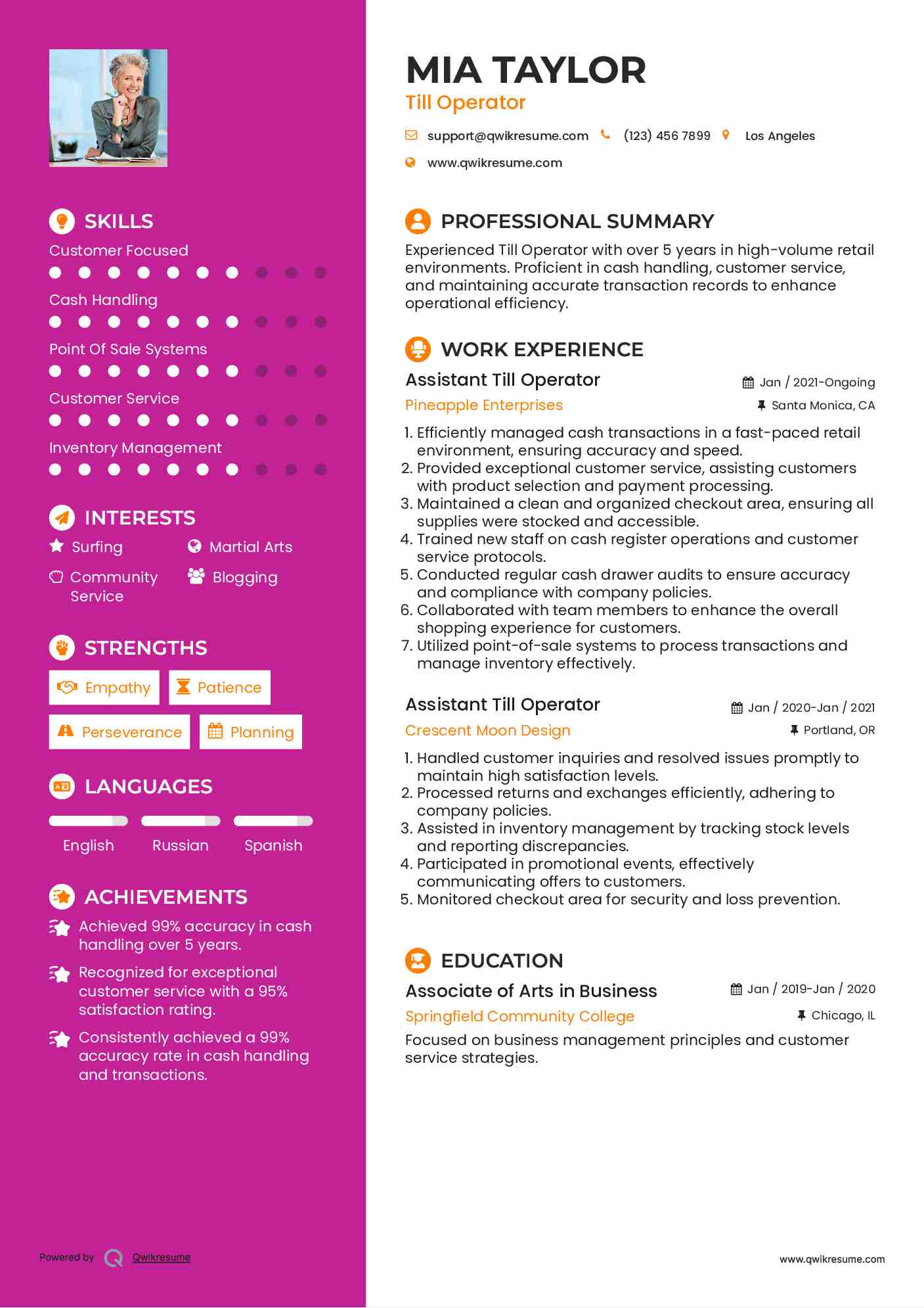 Assistant Till Operator Resume Sample