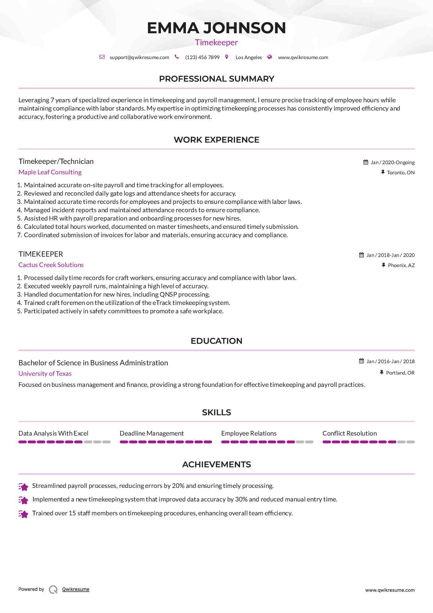 Timekeeper/Technician Resume Example