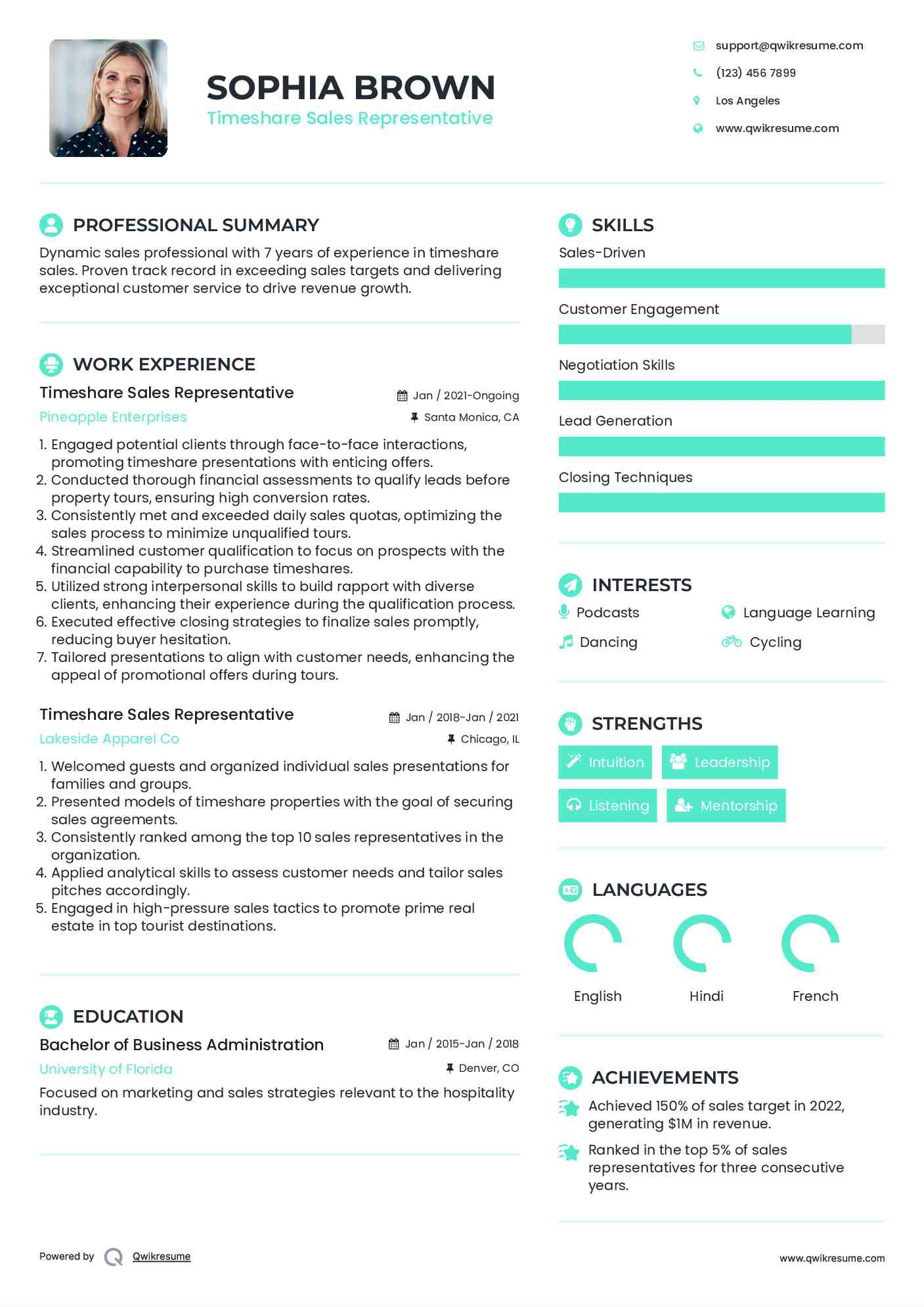 Timeshare Sales Representative Resume Sample