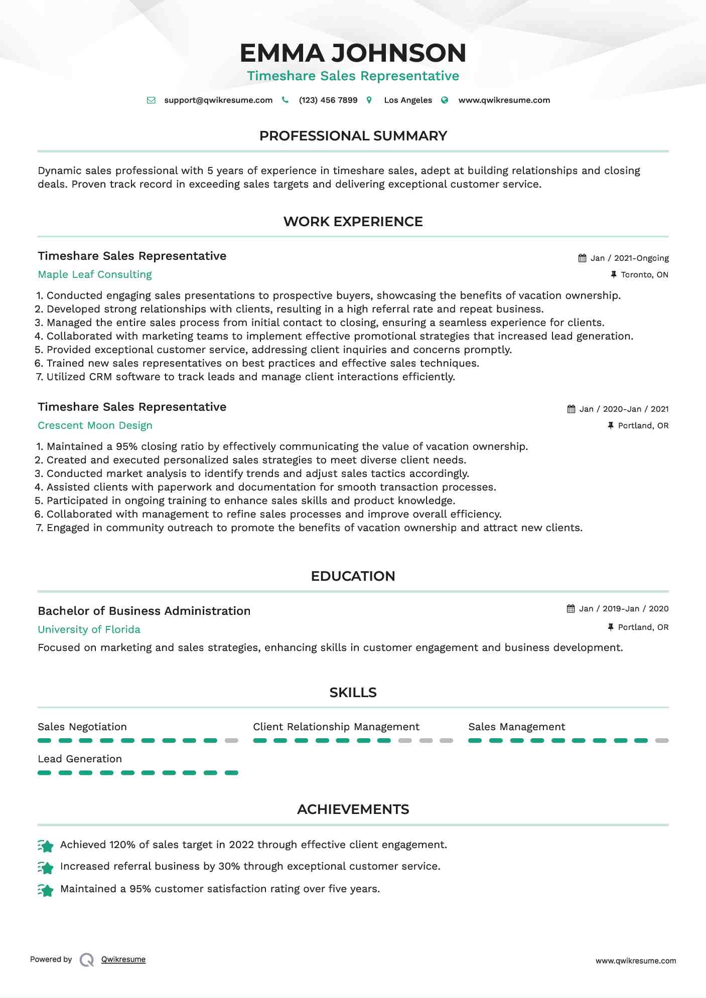 Timeshare Sales Representative Resume Sample