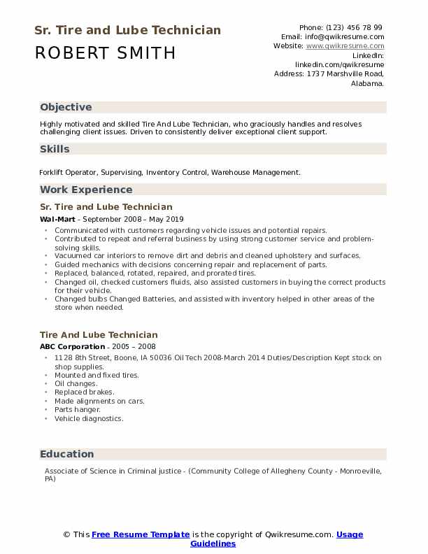 Tire And Lube Technician Resume Samples QwikResume
