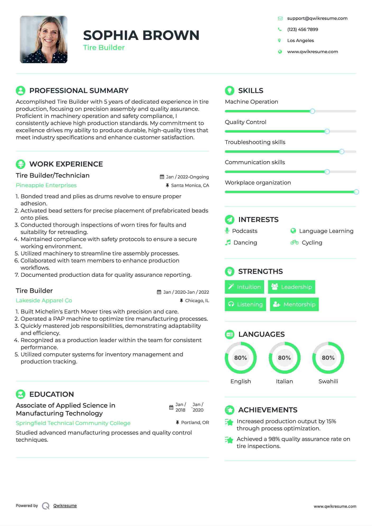 Tire Builder/Technician Resume Model