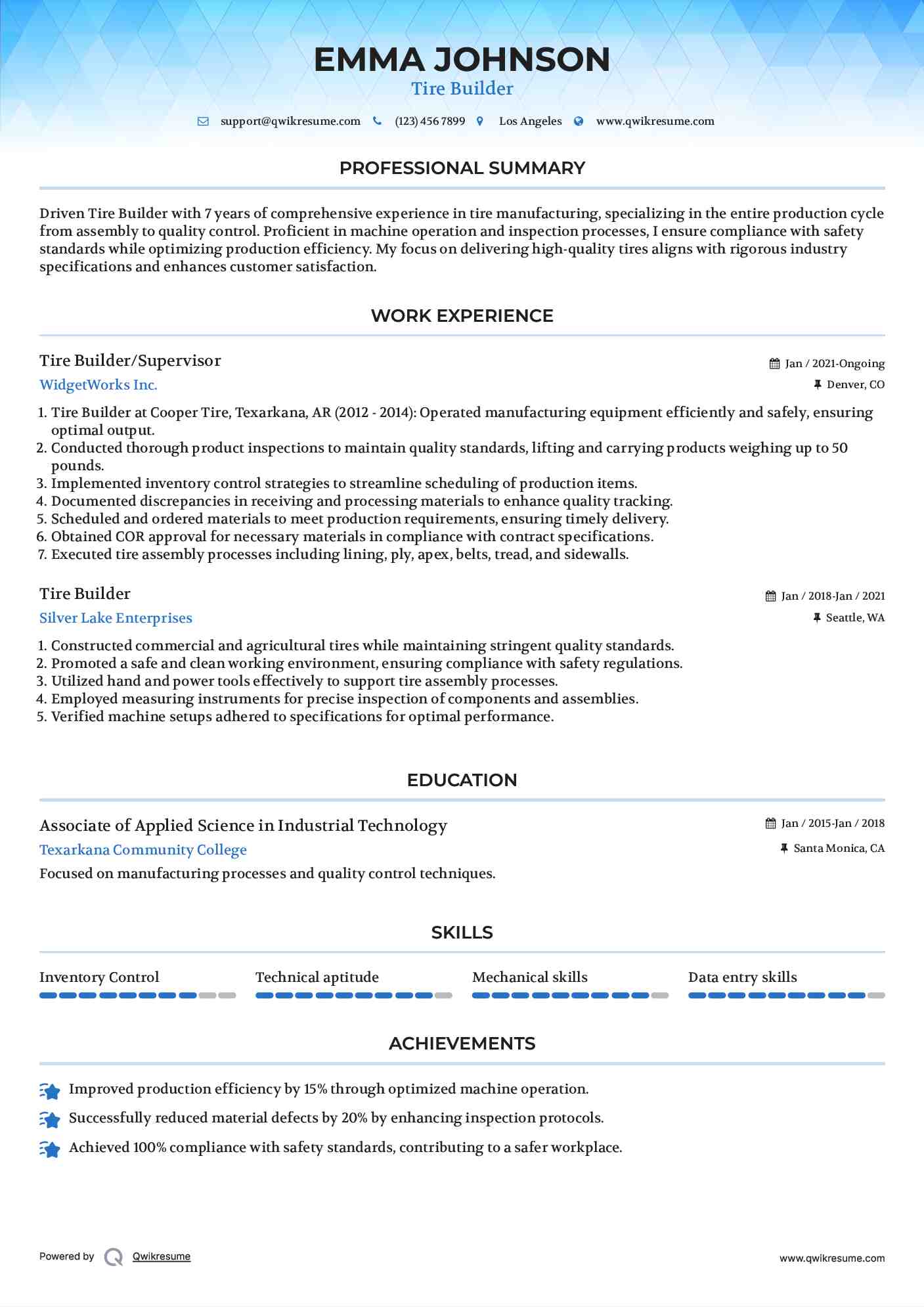Tire Builder/Supervisor Resume Sample