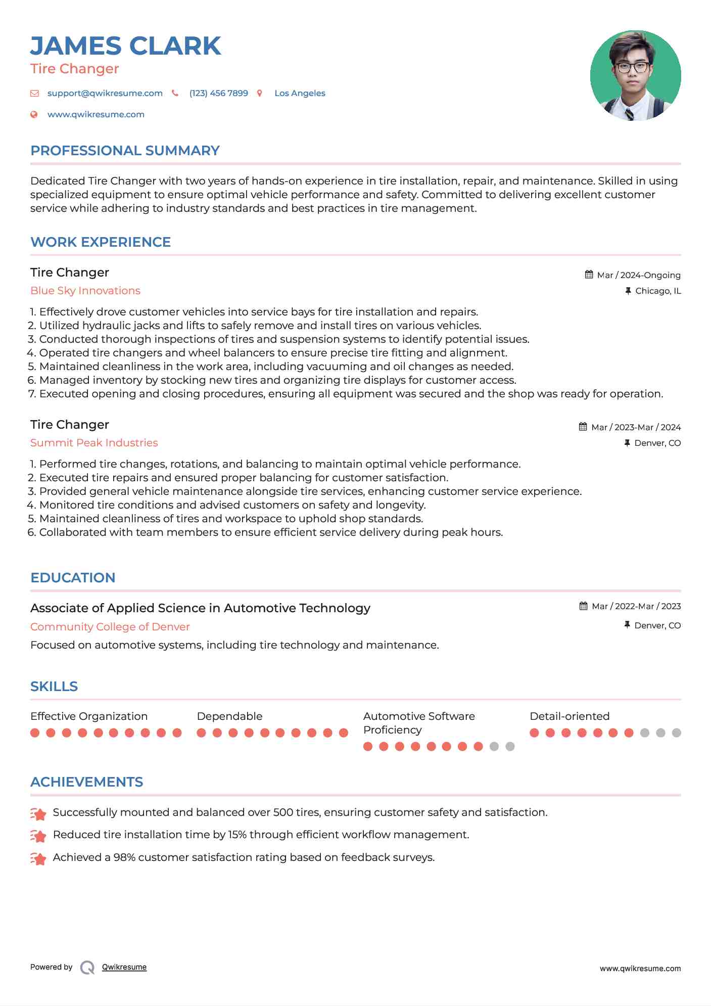 Tire Changer Resume Sample
