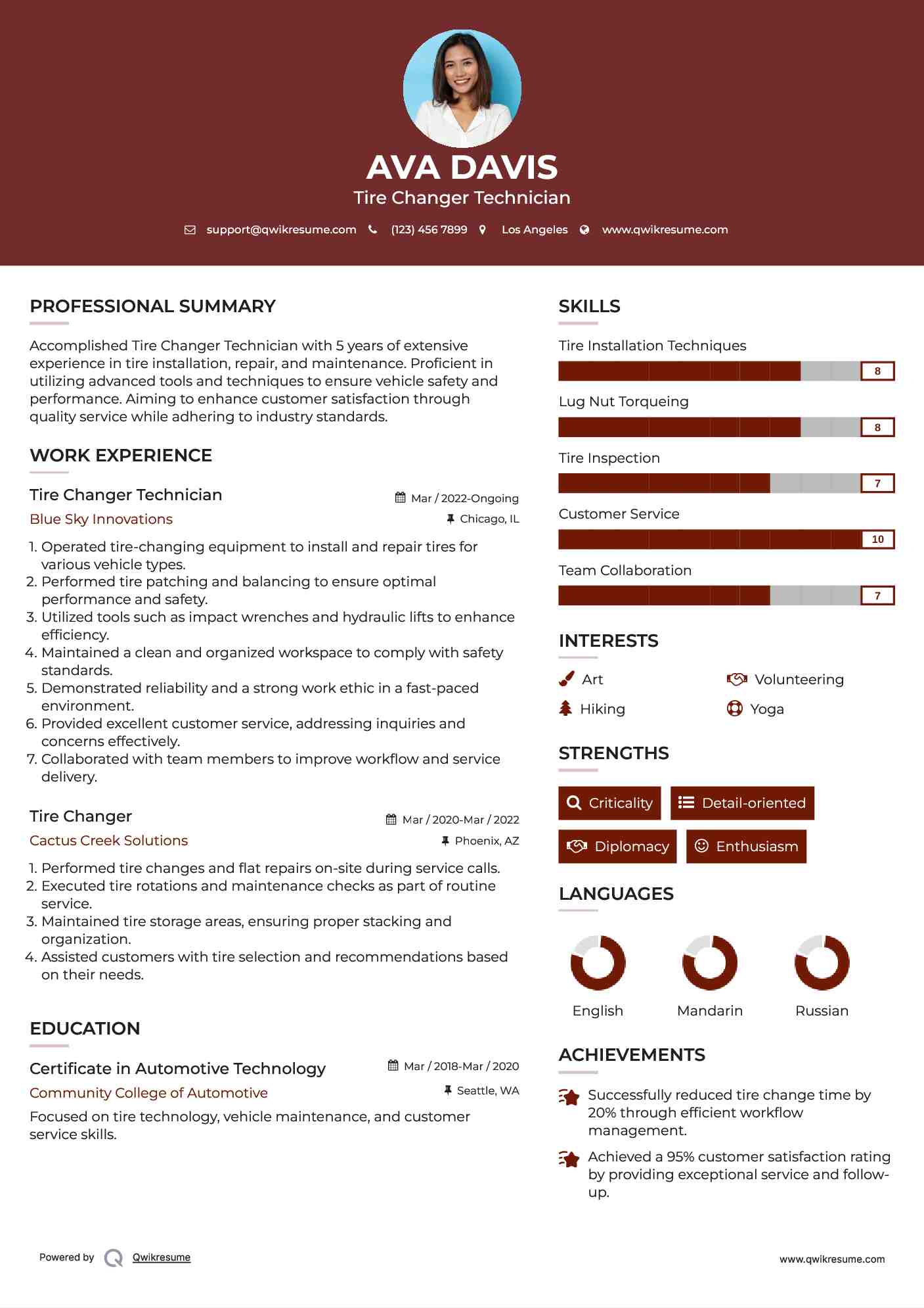 Tire Changer Technician Resume Sample