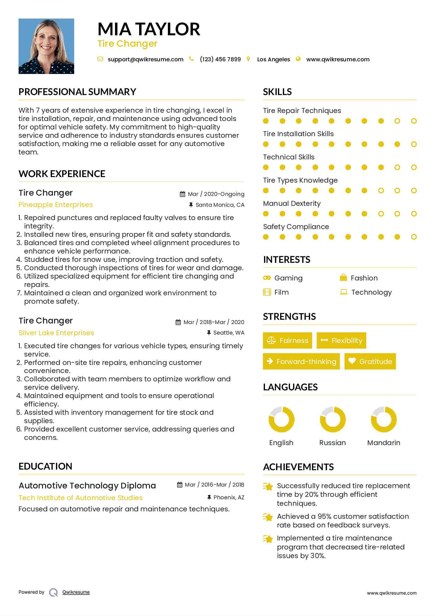 Tire Changer Resume Model