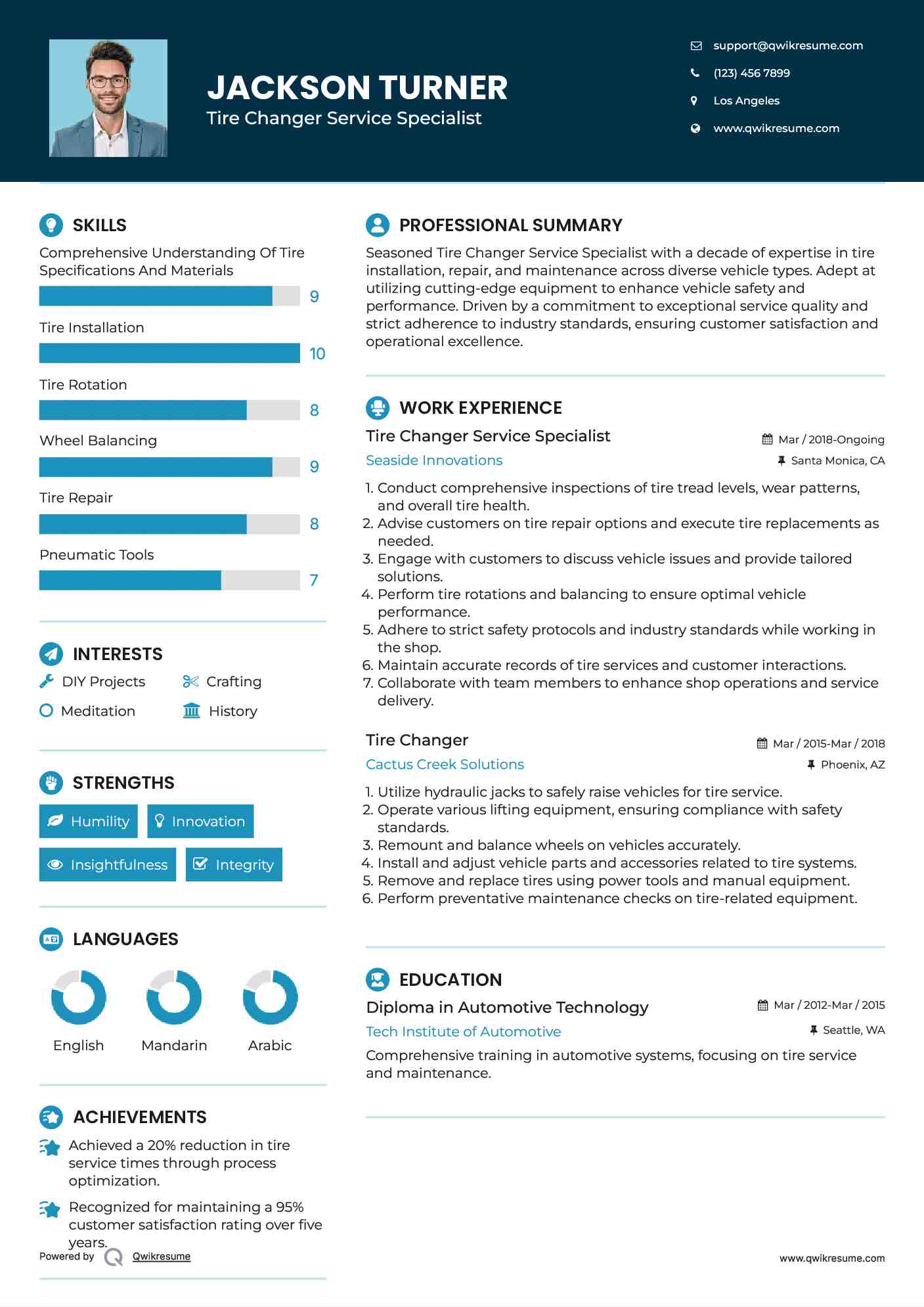 Tire Changer Service Specialist Resume Sample