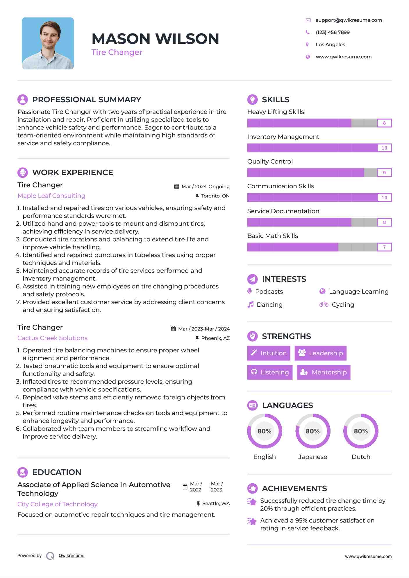 Tire Changer Resume Model