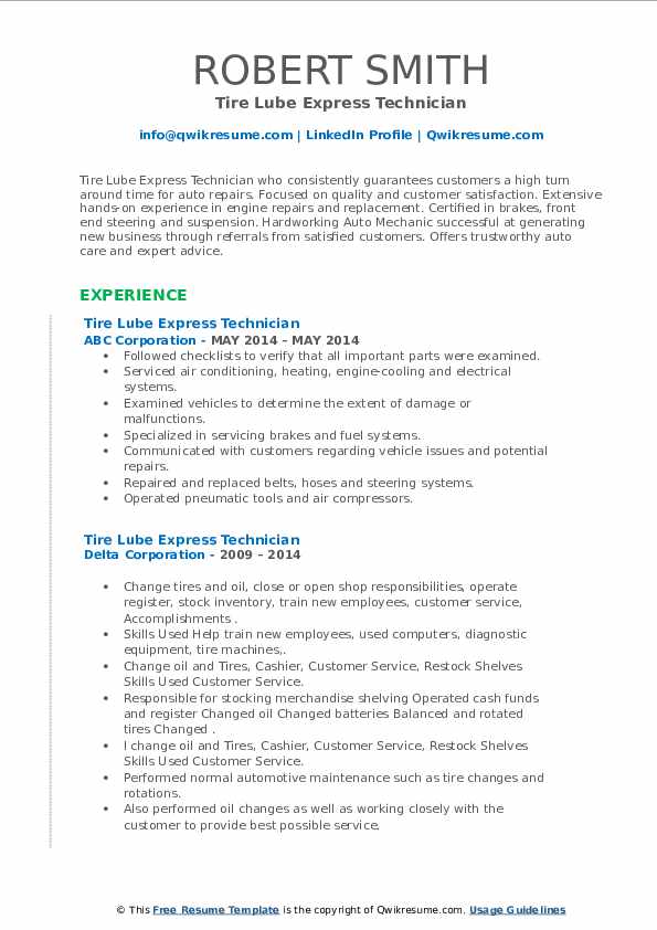 Tire Lube Express Technician Resume Samples QwikResume