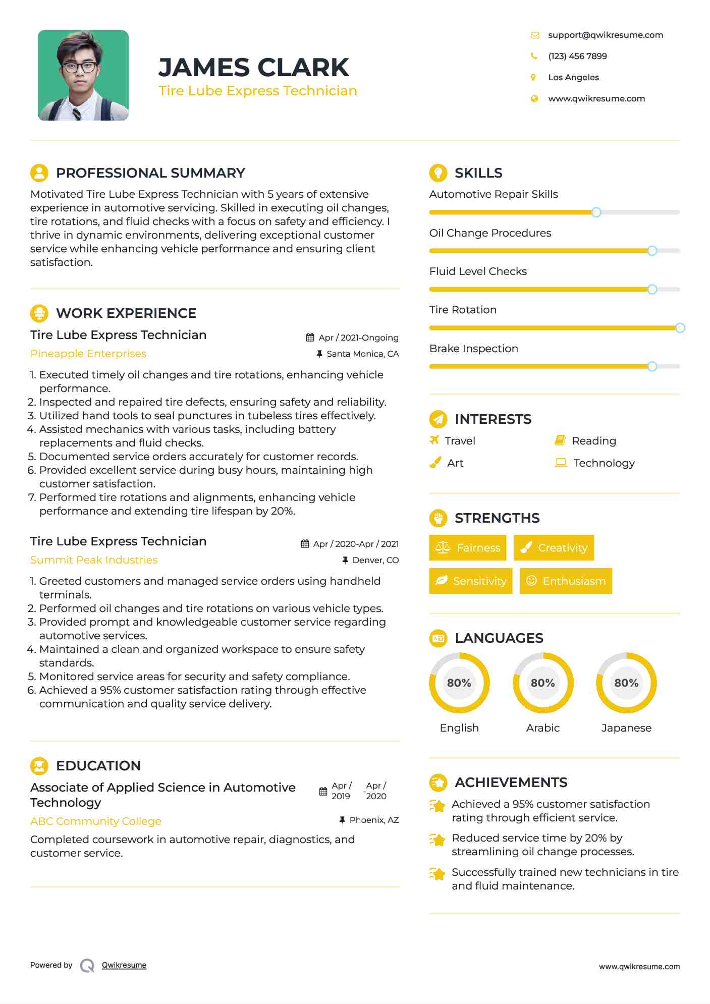 Tire Lube Express Technician Resume Sample