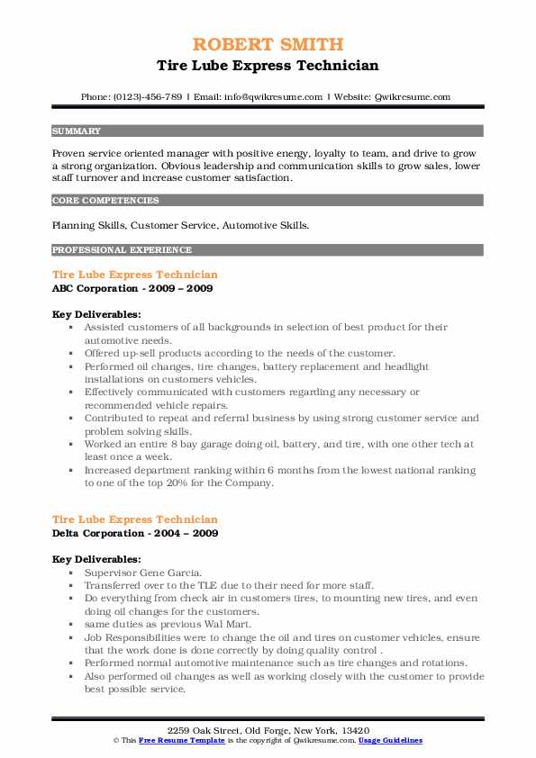 Tire Lube Express Technician Resume Samples QwikResume