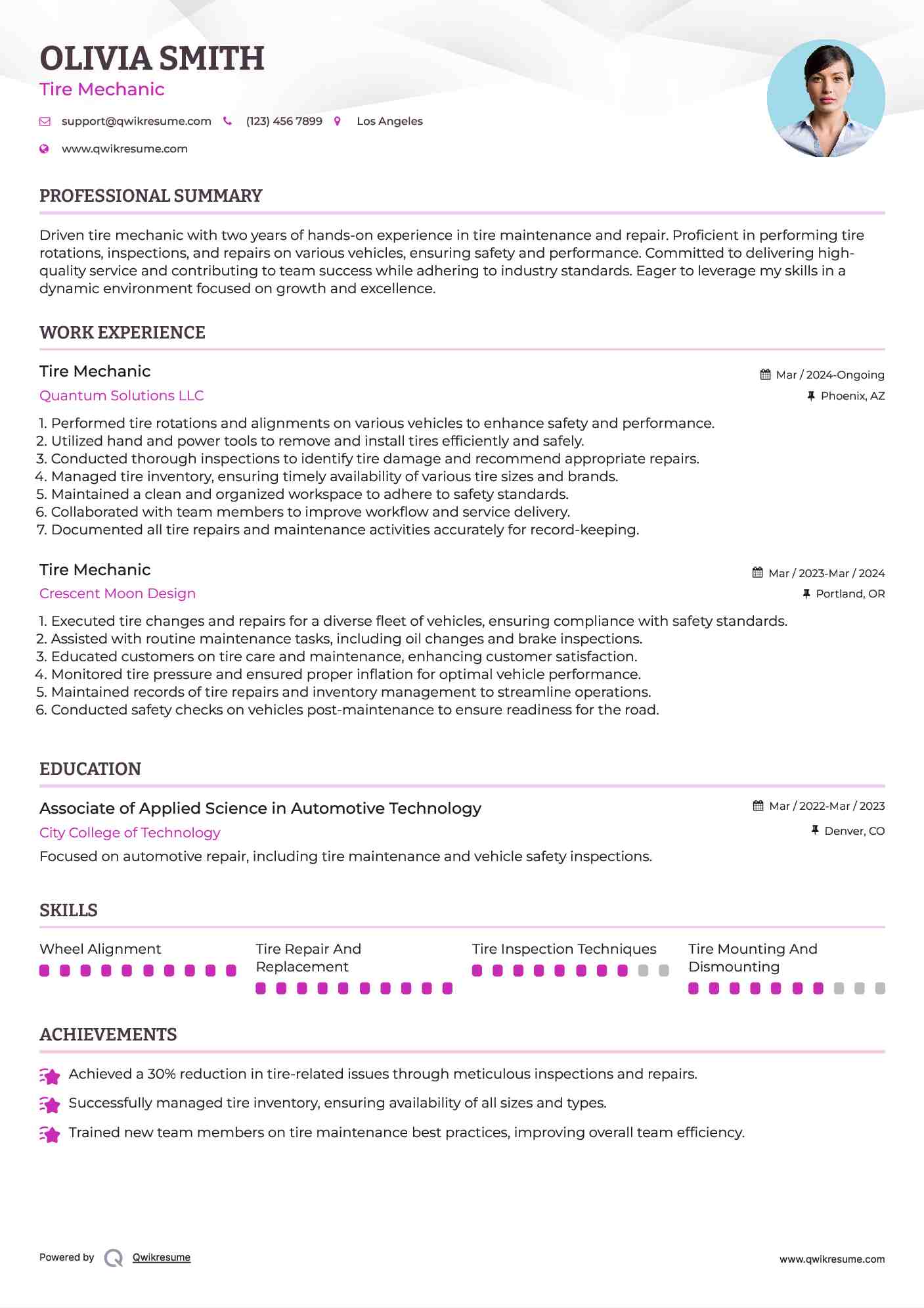 Tire Mechanic Resume Model