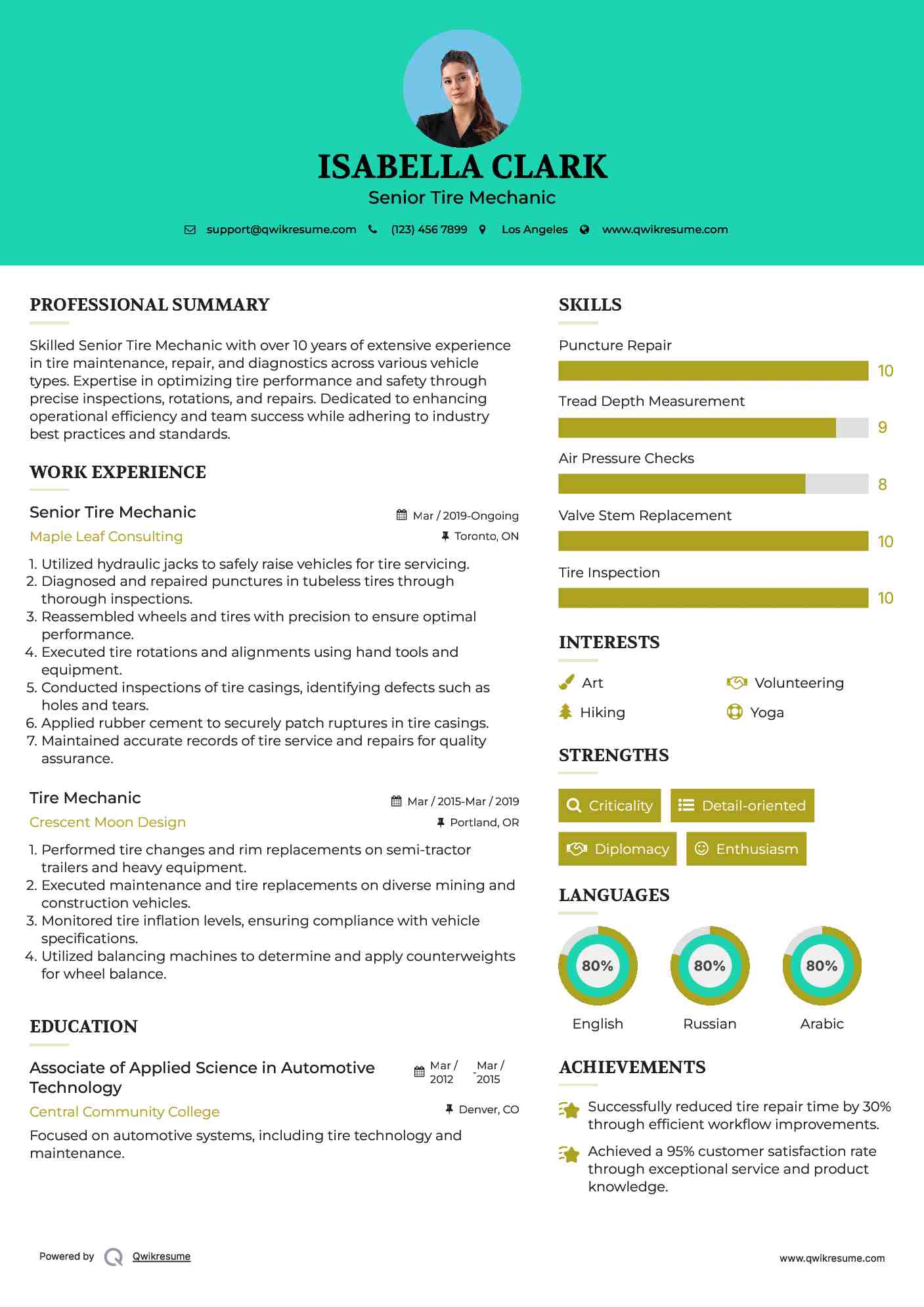 Senior Tire Mechanic Resume Model