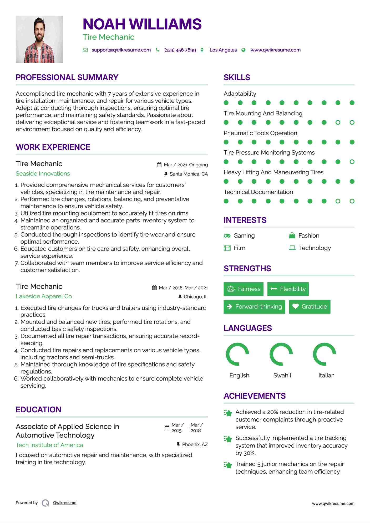 Tire Mechanic Resume Example