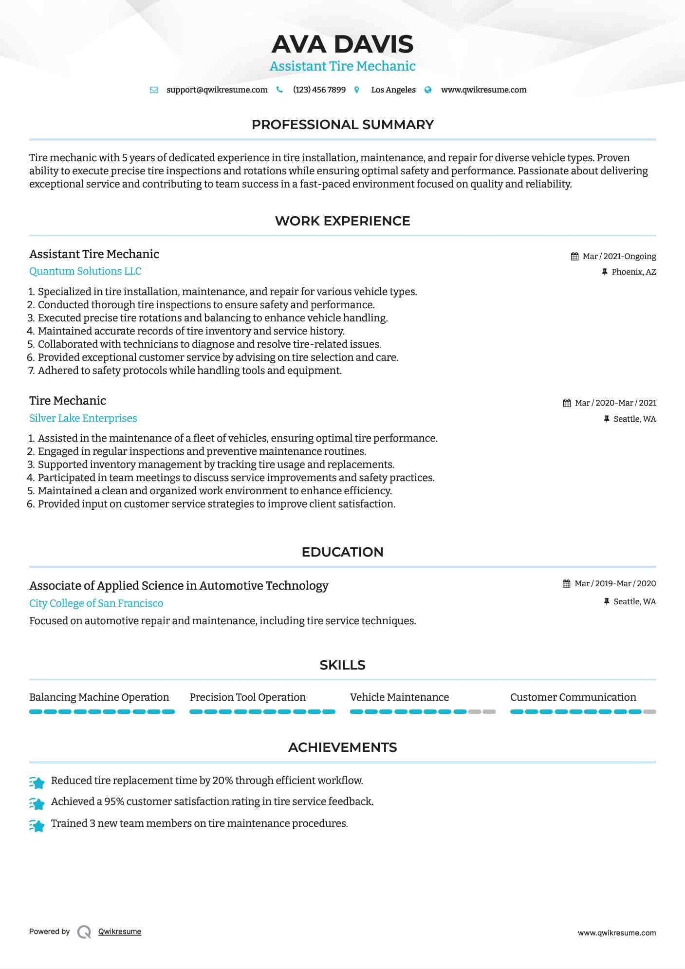 Assistant Tire Mechanic Resume Model
