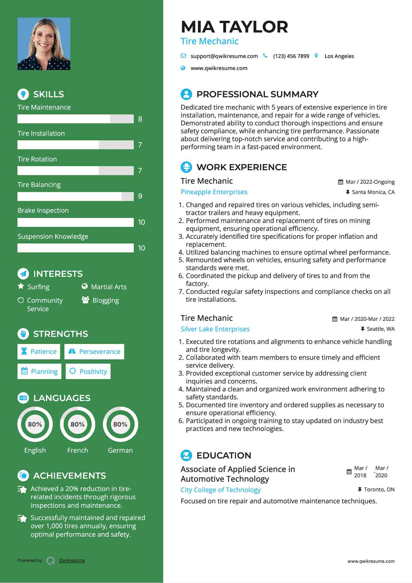 Tire Mechanic Resume Model